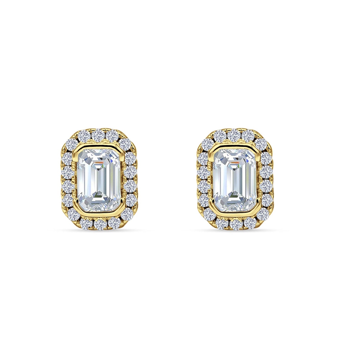 Emerald Cut CZ Halo Stud Earrings Yellow Tone