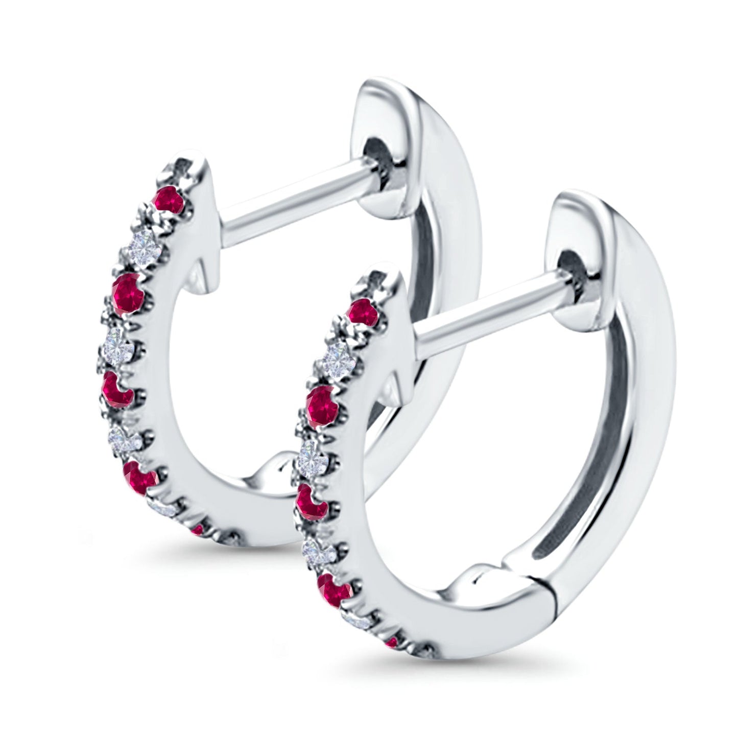 Half Eternity Hoop Earrings Round Simulated Ruby CZ (14mm)