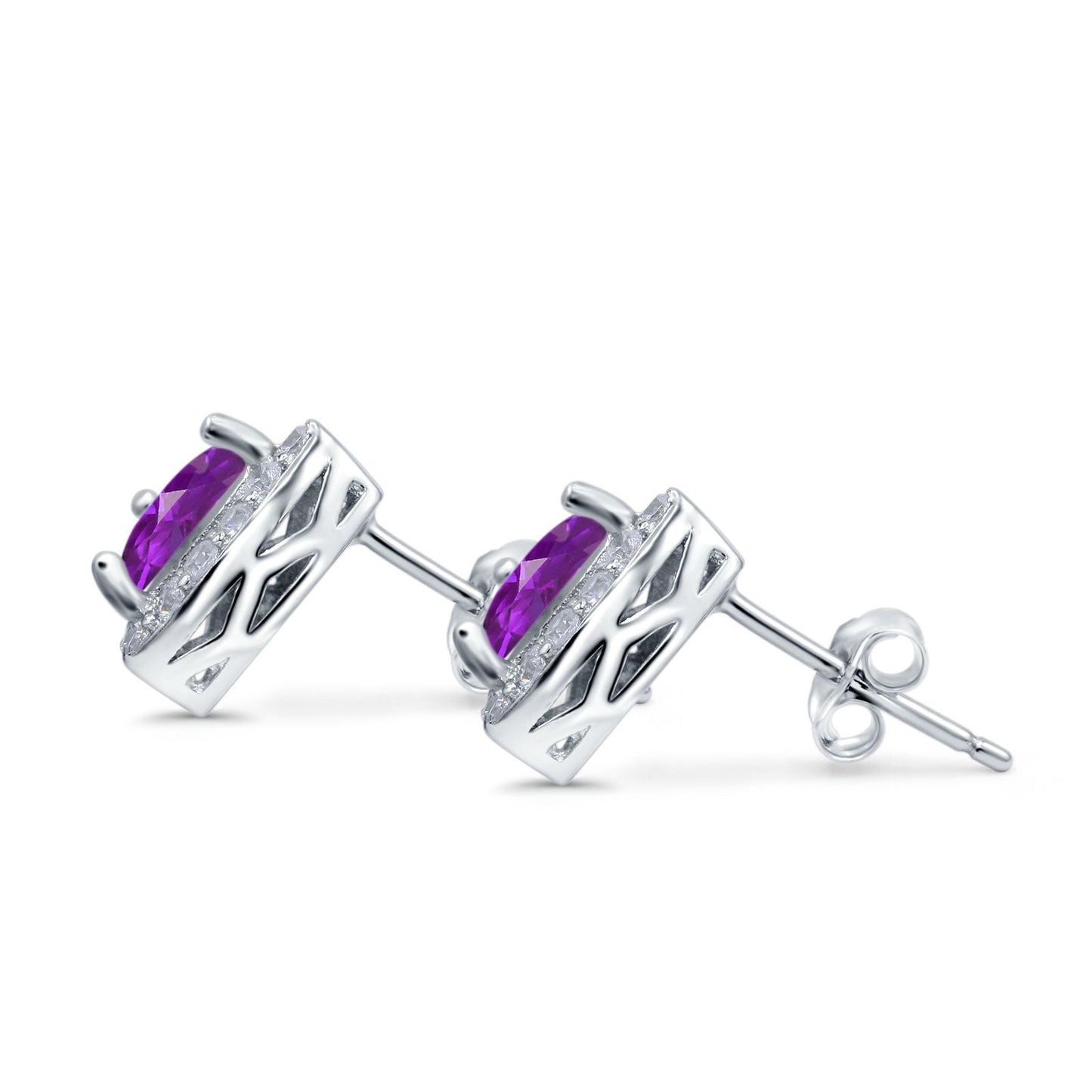 Halo Simulated Amethyst CZ Round Stud Earrings