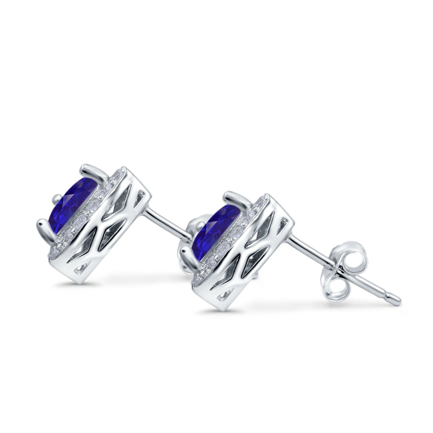 Halo Simulated Blue Sapphire CZ Round Stud Earrings