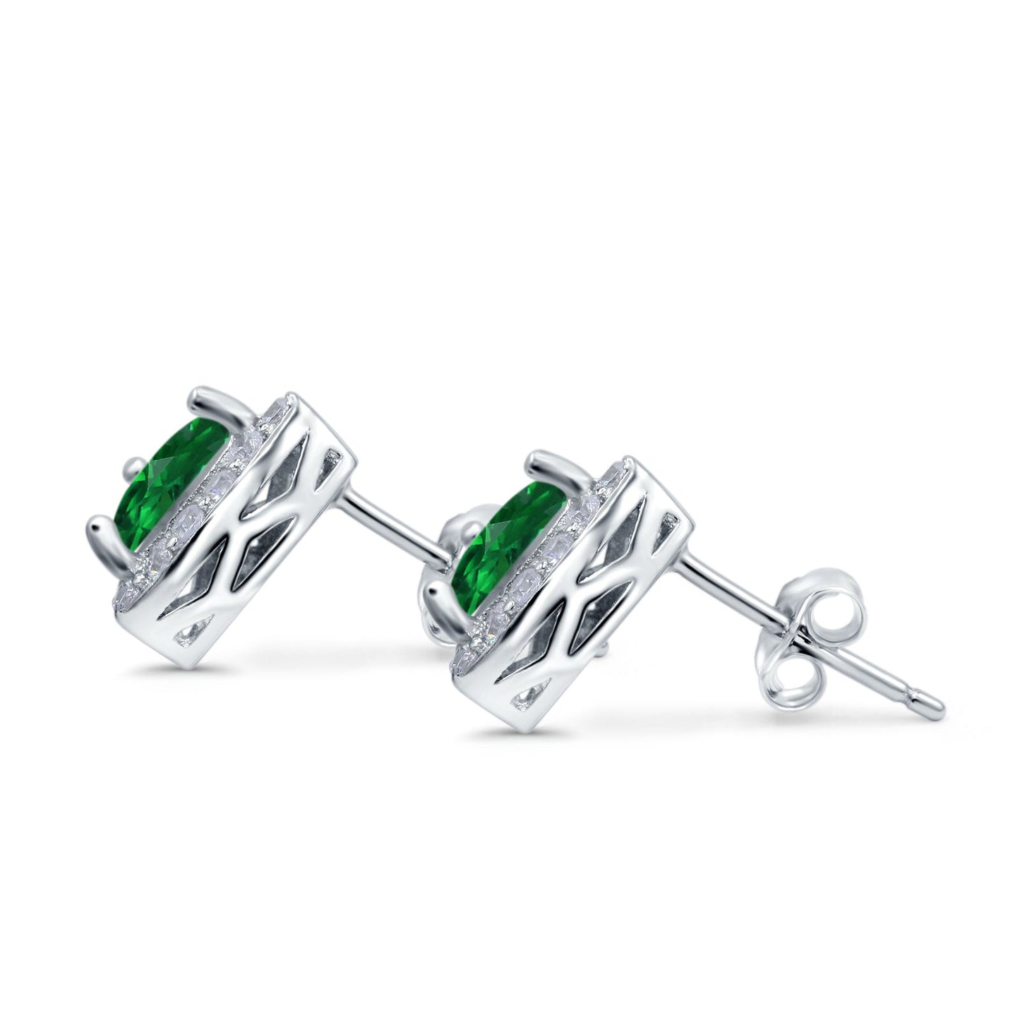 Halo Simulated Green Emerald CZ Round Stud Earrings