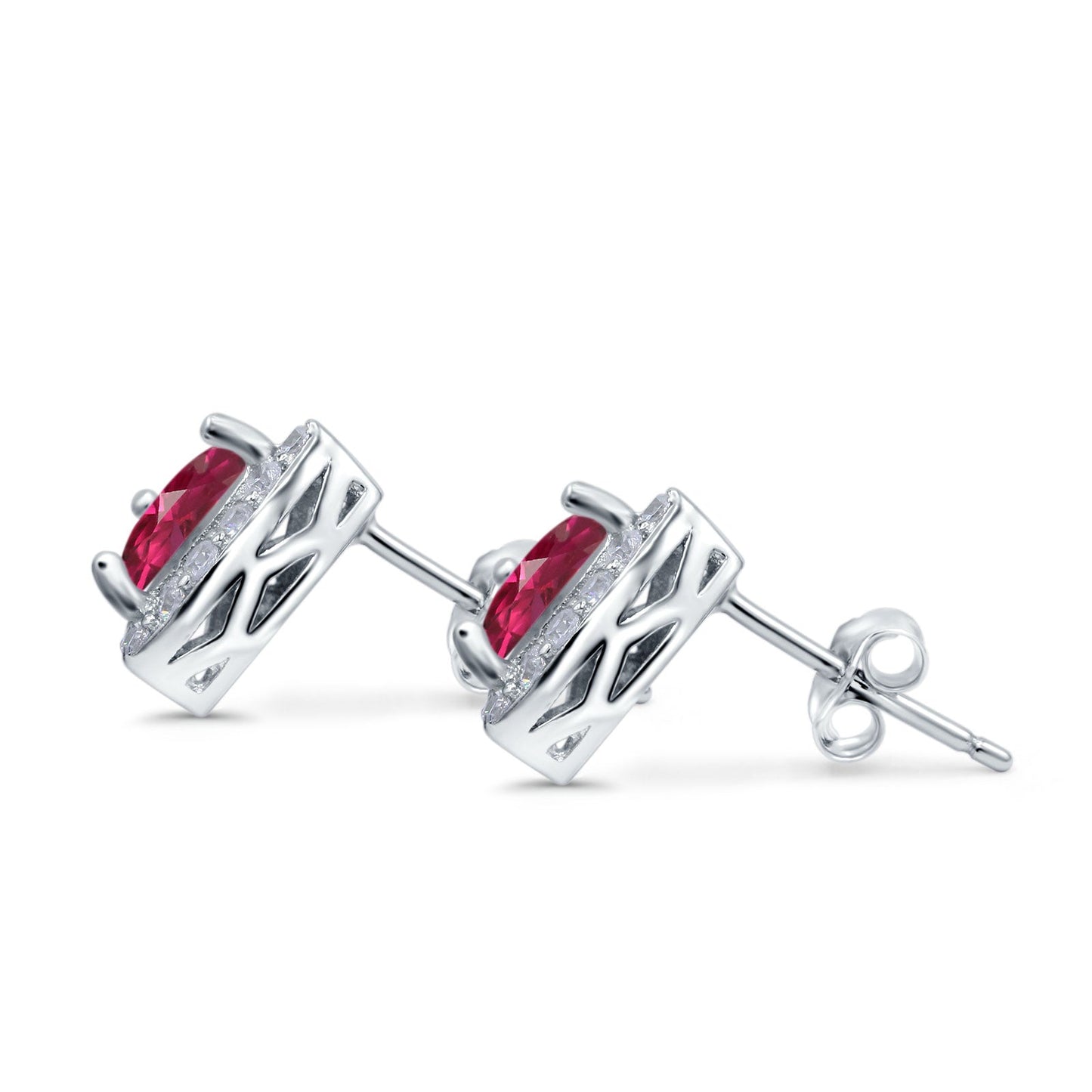 Halo Simulated Ruby CZ Round Stud Earrings