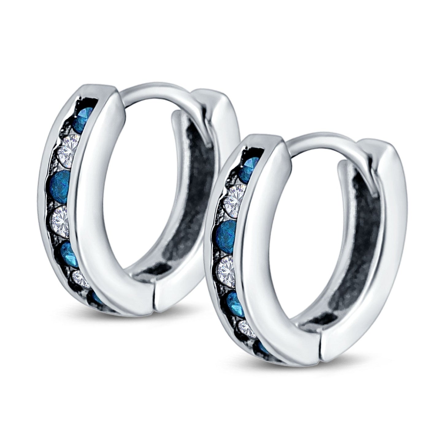 Eternity Huggie Hoop Earrings Channel Round Simulated Blue Topaz Cubic Zirconia