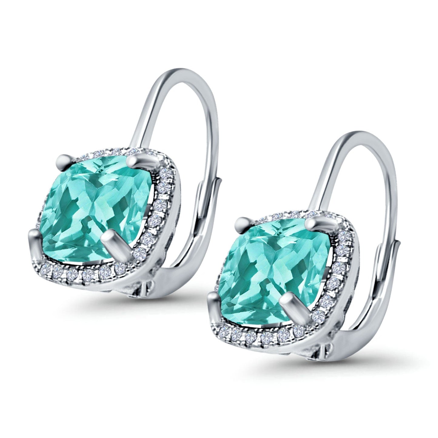 Halo Cushion Simulated Paraiba Tourmaline CZ Leverback Earrings