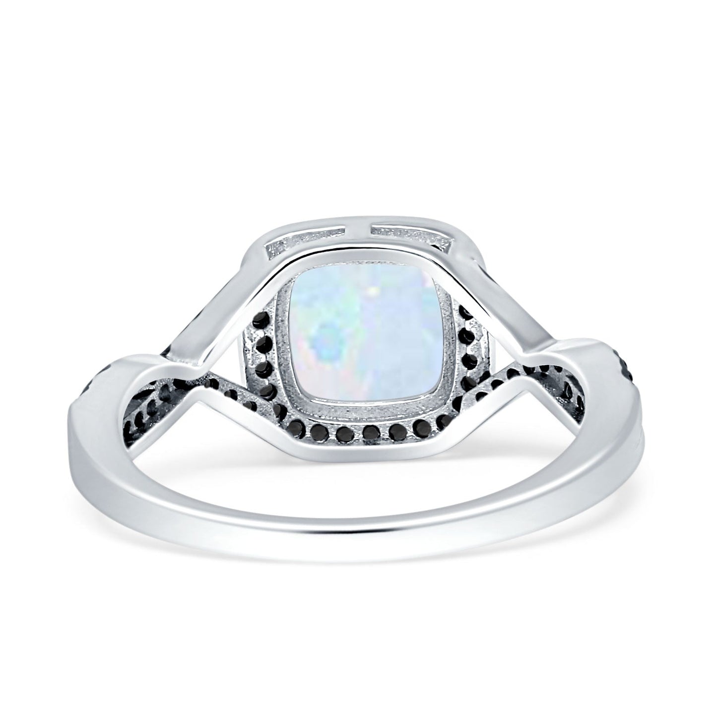 Halo Cushion Infinity Twist Side Stone Black CZ Fashion Ring Lab Created White Opal