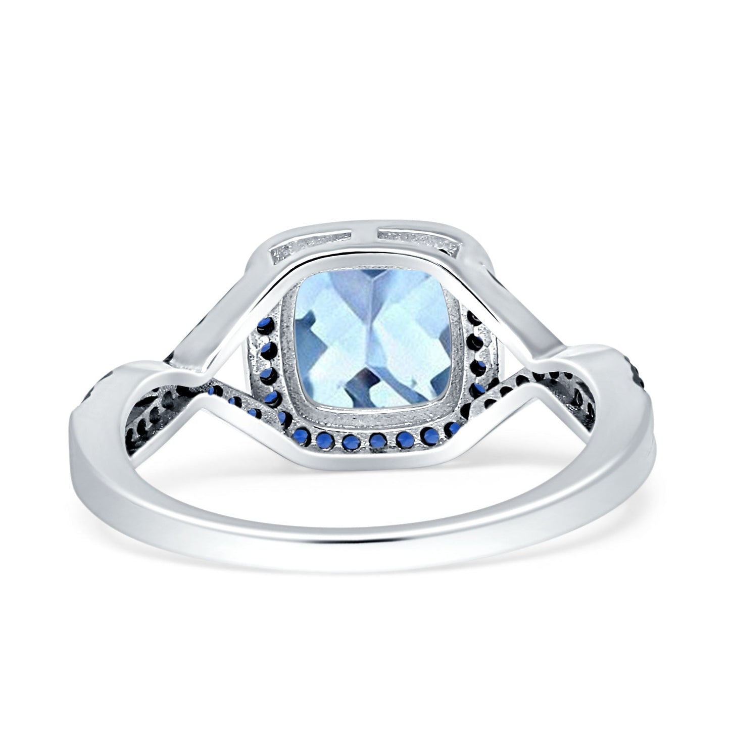 Halo Cushion Infinity Twist Side Stone Blue Sapphire CZ Engagement Ring Simulated Aquamarine