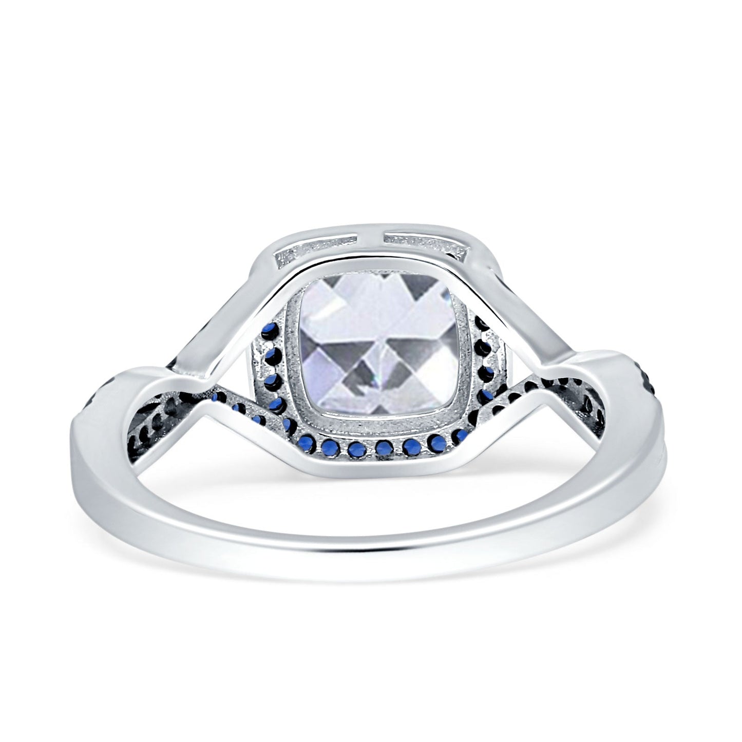 Halo Cushion Infinity Twist Side Stone Blue Sapphire CZ Engagement Ring Cubic Zirconia