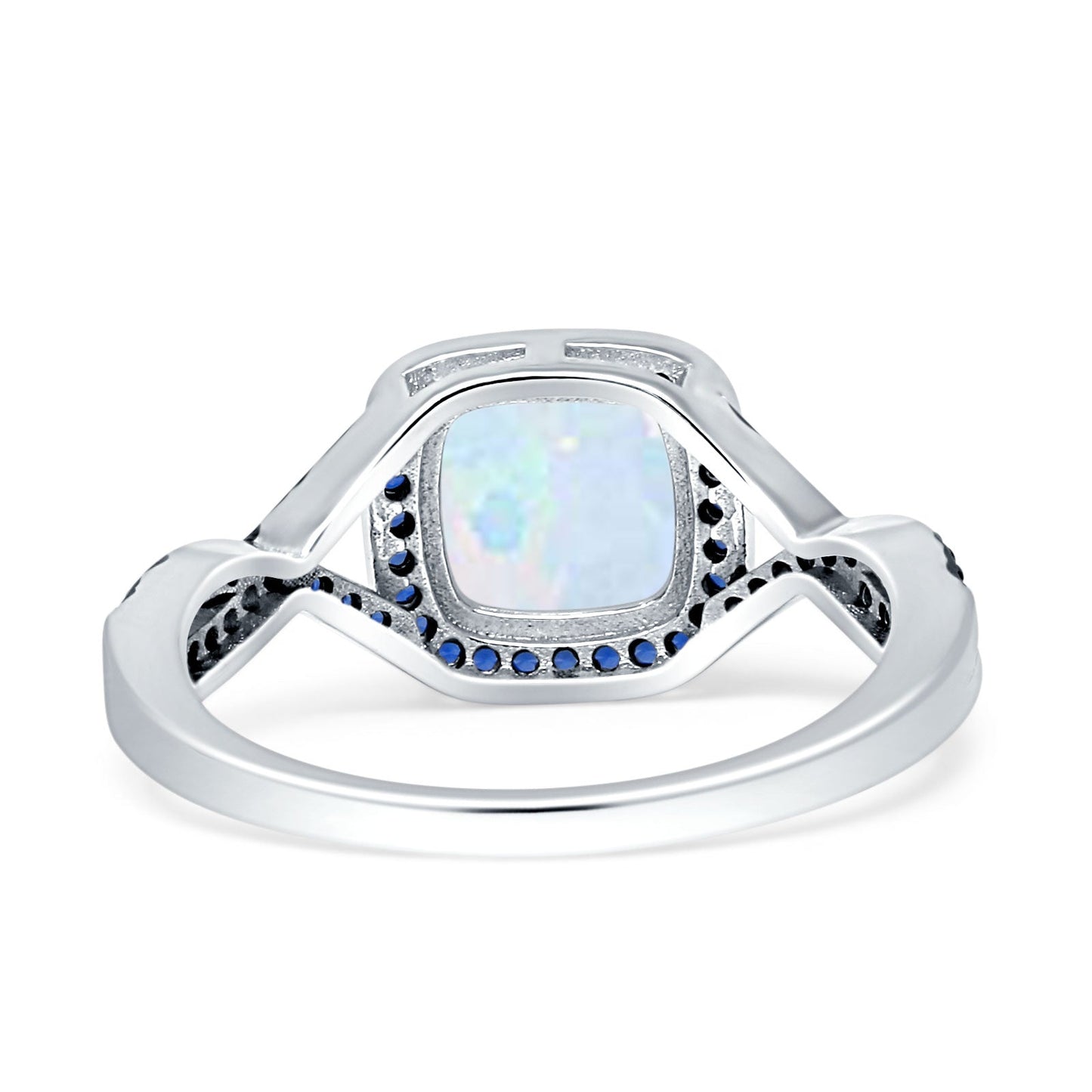 Halo Cushion Infinity Twist Side Stone Blue Sapphire CZ Fashion Ring Lab Created White Opal