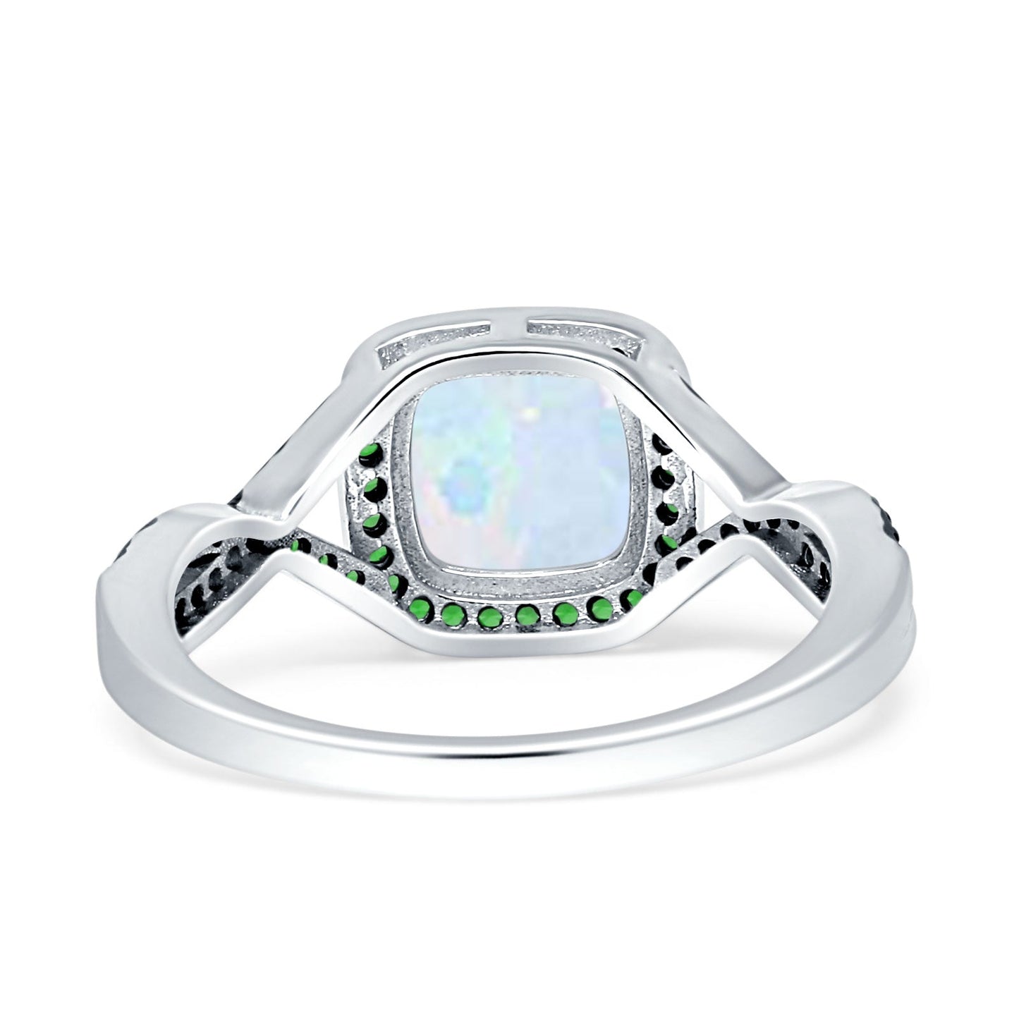 Halo Cushion Infinity Twist Side Stone Green Emerald CZ Fashion Ring Lab Created White Opal