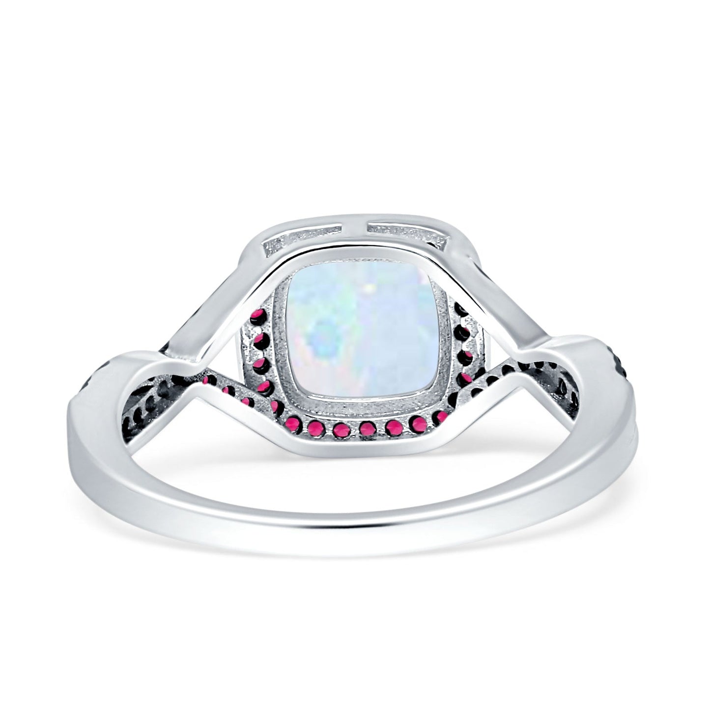 Halo Cushion Infinity Twist Side Stone Ruby CZ Fashion Ring Lab Created White Opal