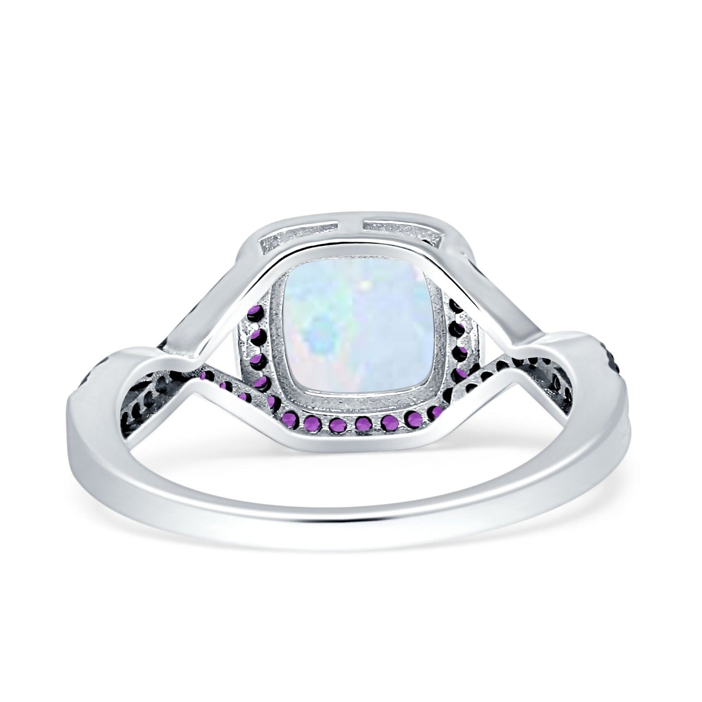 Halo Cushion Infinity Twist Side Stone Amethyst CZ Fashion Ring Lab Created White Opal