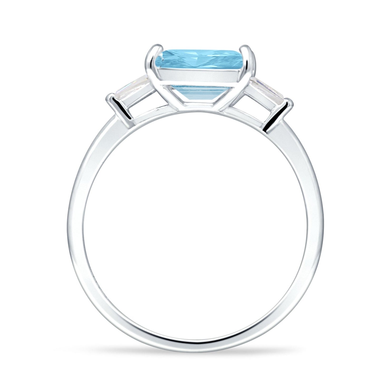 Emerald Cut Solitaire Trio Ring Aquamarine CZ