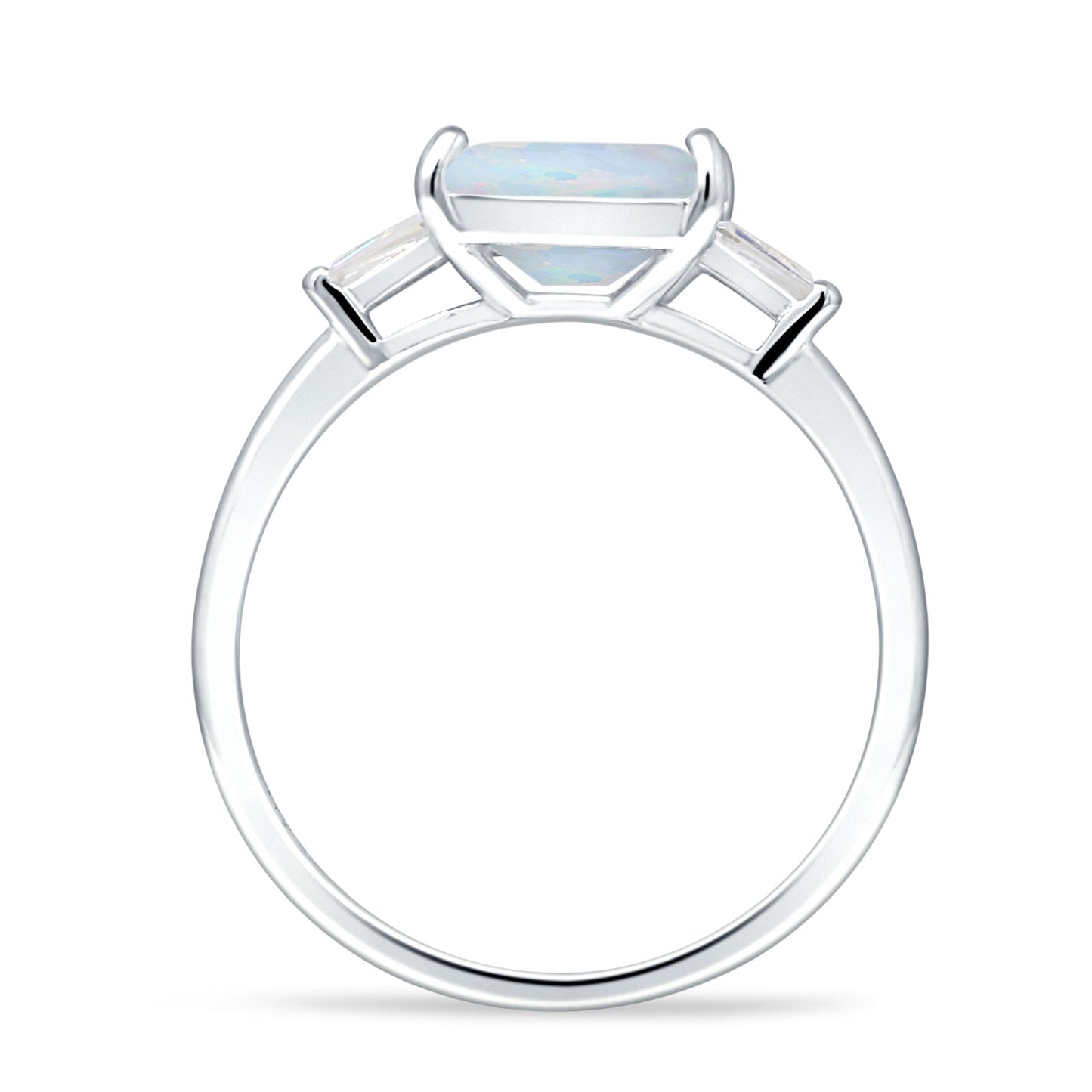 Emerald Cut Solitaire Trio Ring Created White Opal