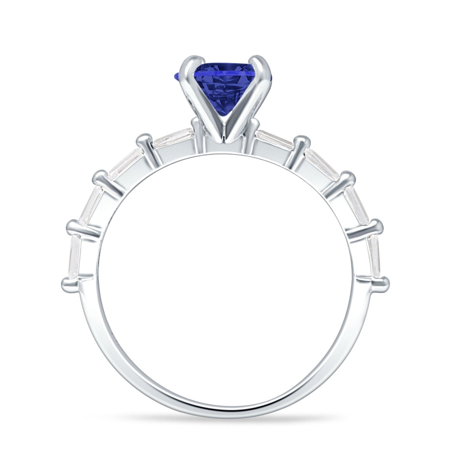 Petite Round Solitaire Ring Baguette Blue Sapphire CZ