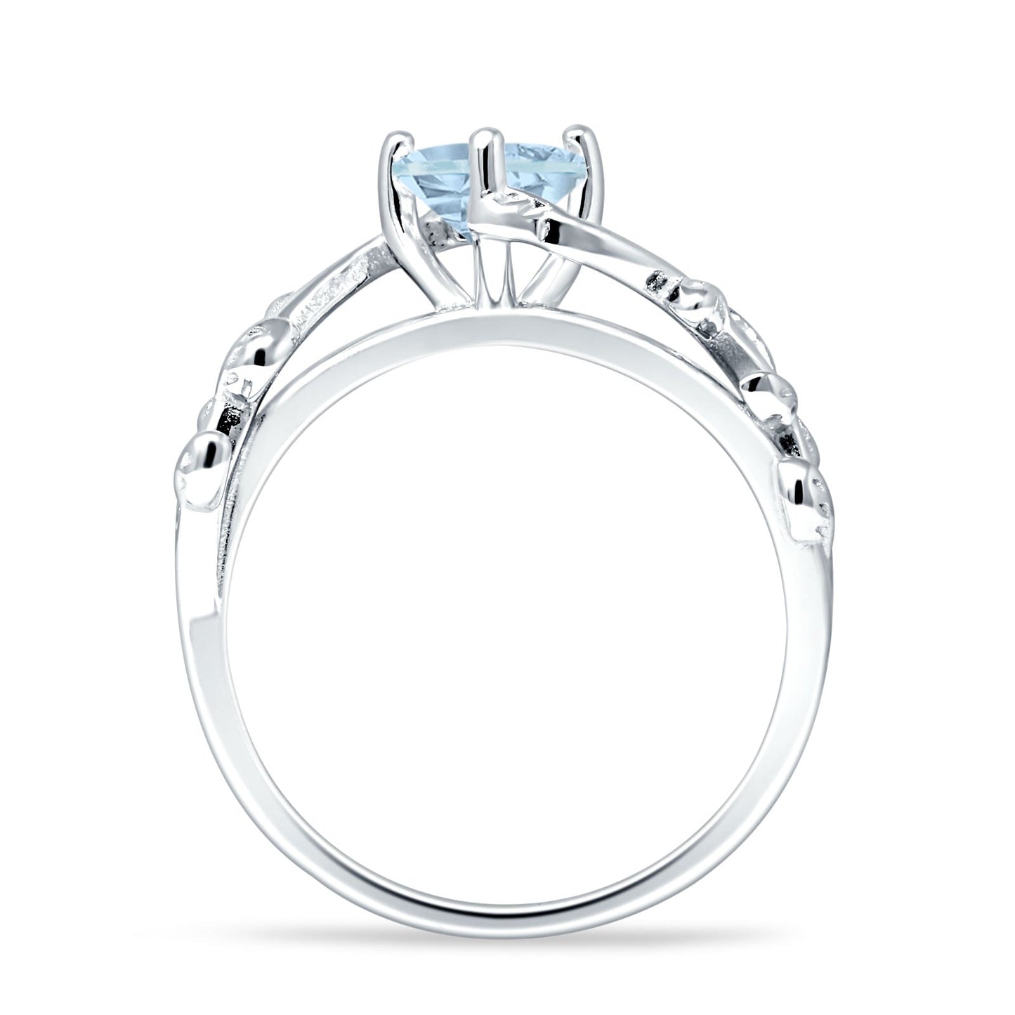 Heart Leaf Art Deco Promise Ring Aquamarine CZ