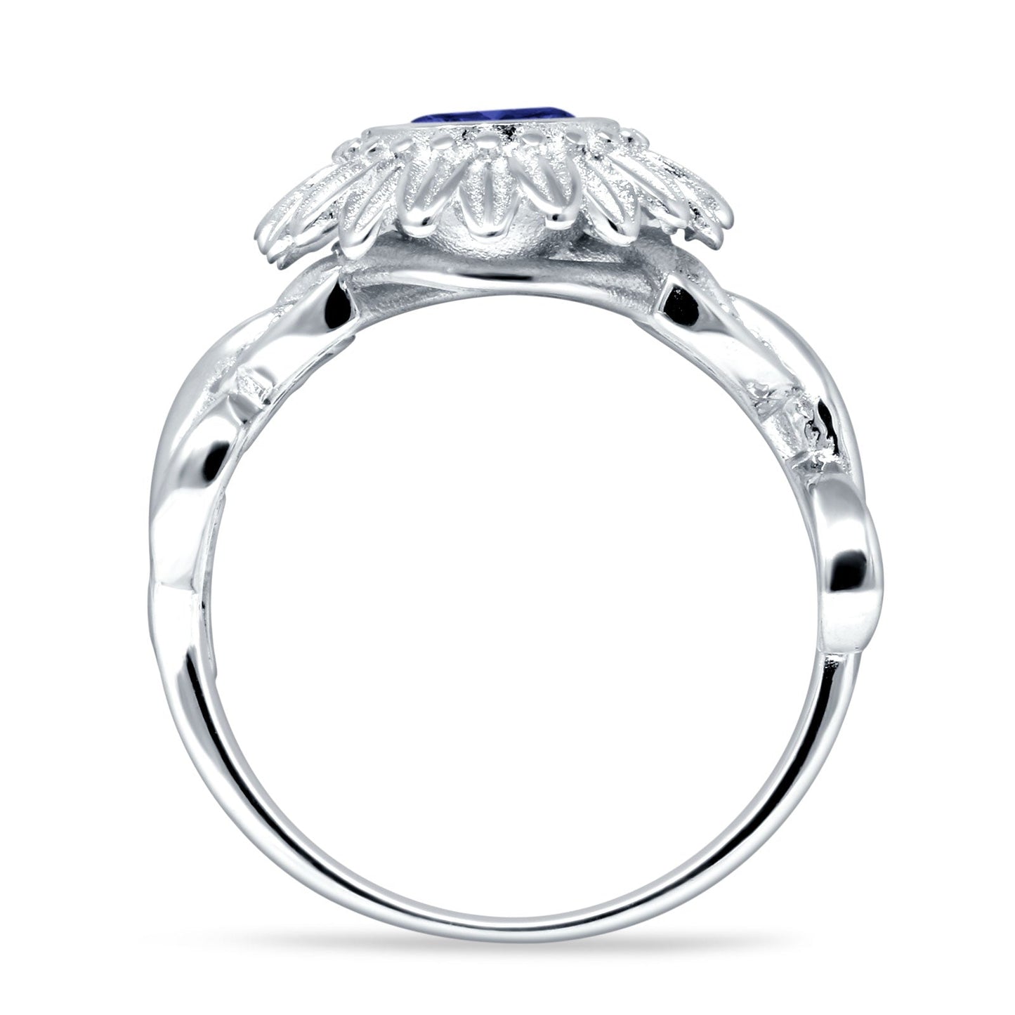 Sunflower Twisted Vine Leaf Engagement Ring Blue Sapphire CZ