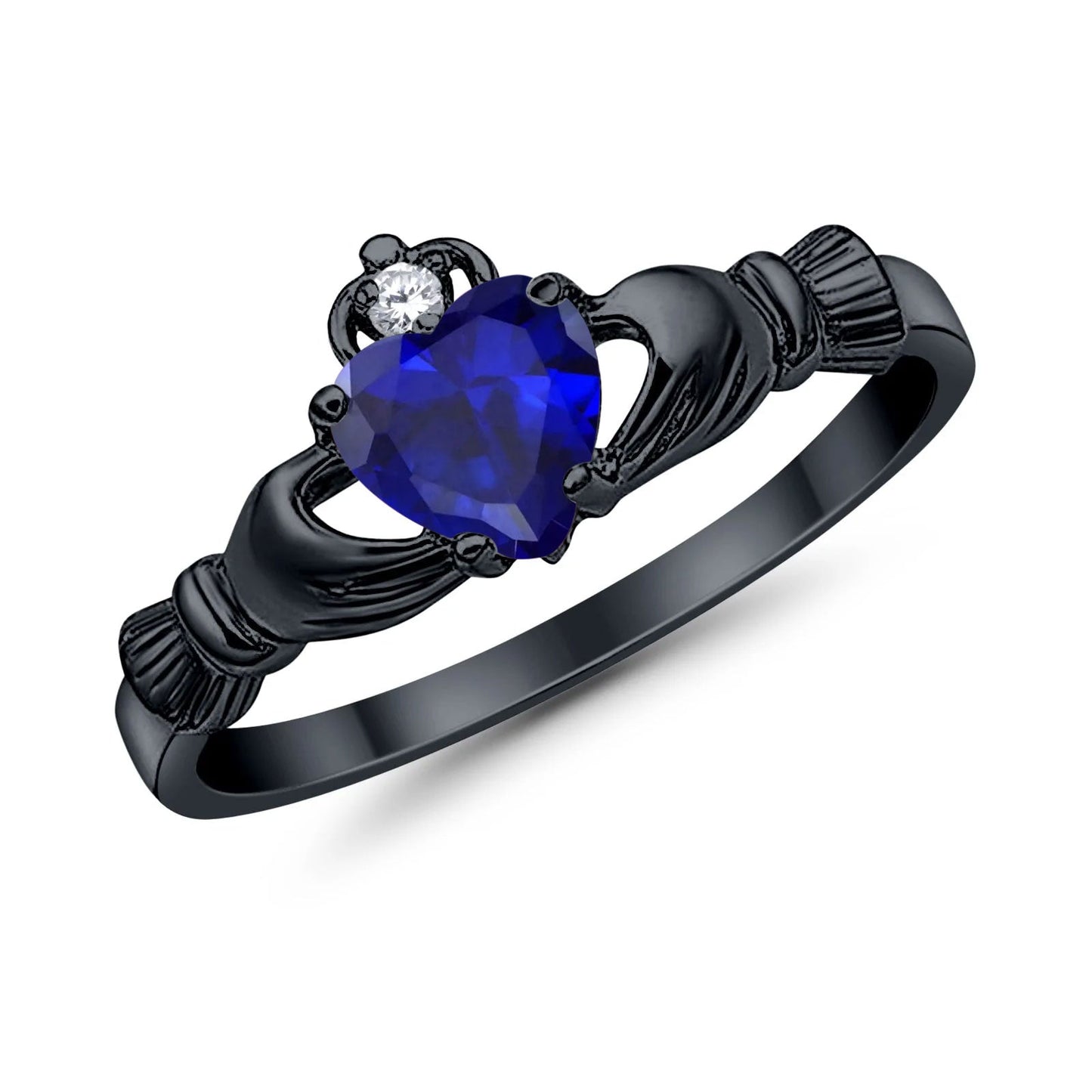 Irish Claddagh Heart Black Tone, Simulated Blue Sapphire CZ Promise Ring