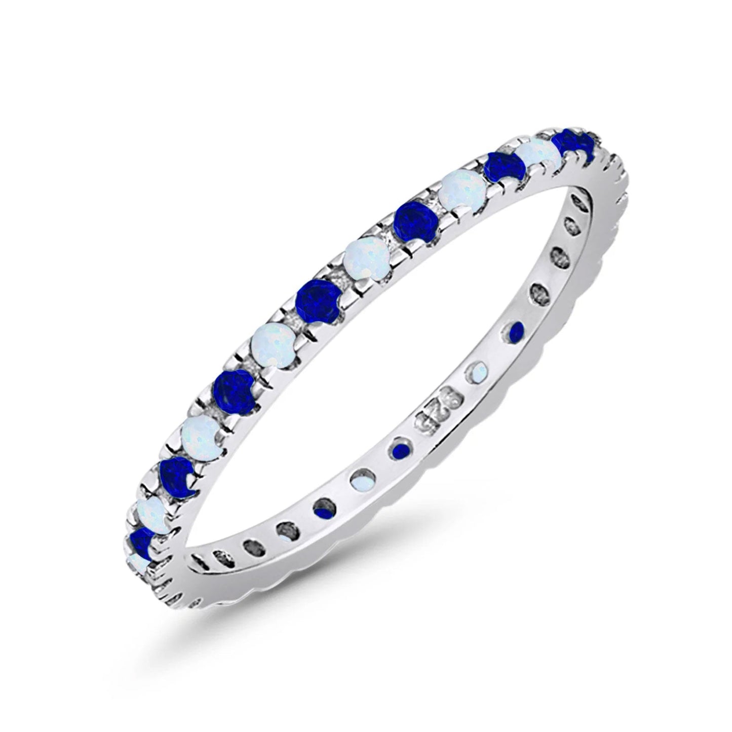 Stackable Band Wedding Ring Round Full Eternity Lab White Opal & Simulated Blue Sapphire CZ