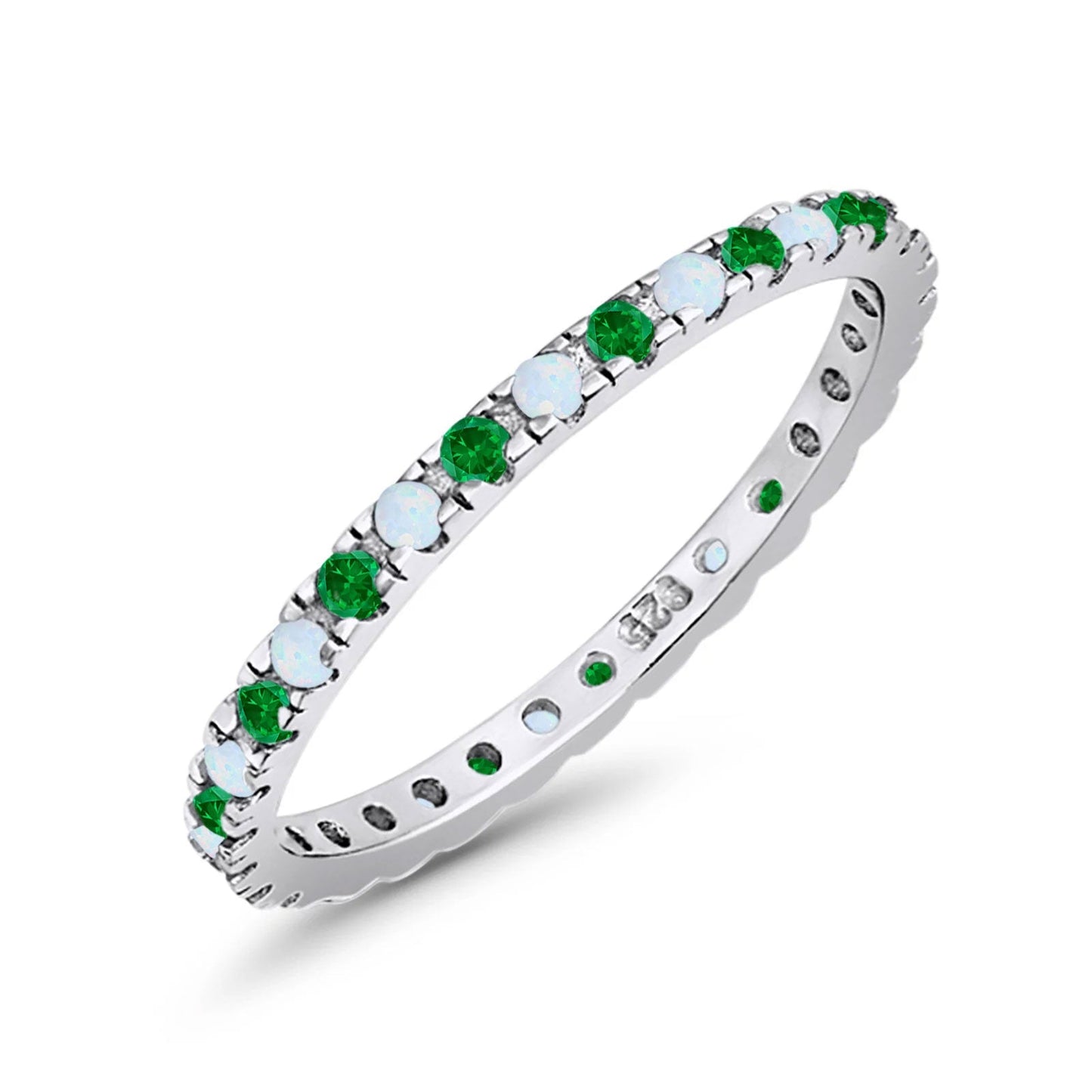 Stackable Band Wedding Ring Round Full Eternity Lab White Opal & Simulated Green Emerald CZ