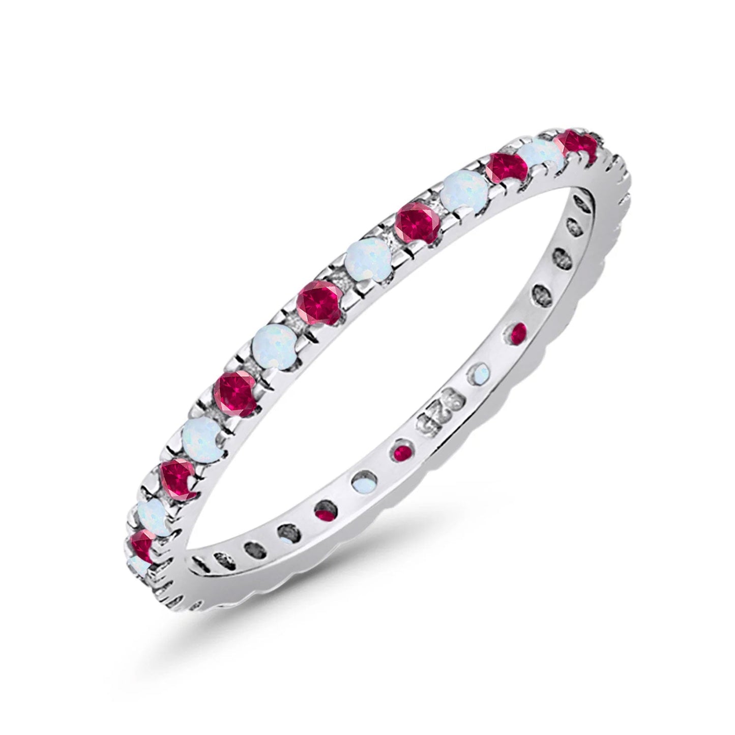 Stackable Band Wedding Ring Round Full Eternity Lab White Opal & Simulated Ruby CZ