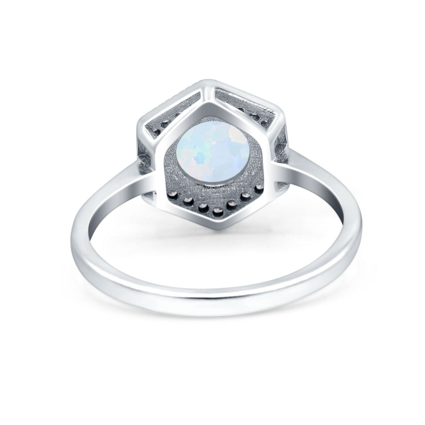 Art Deco Hexagon Shape Round Lab Created White Opal Wedding Bridal Ring