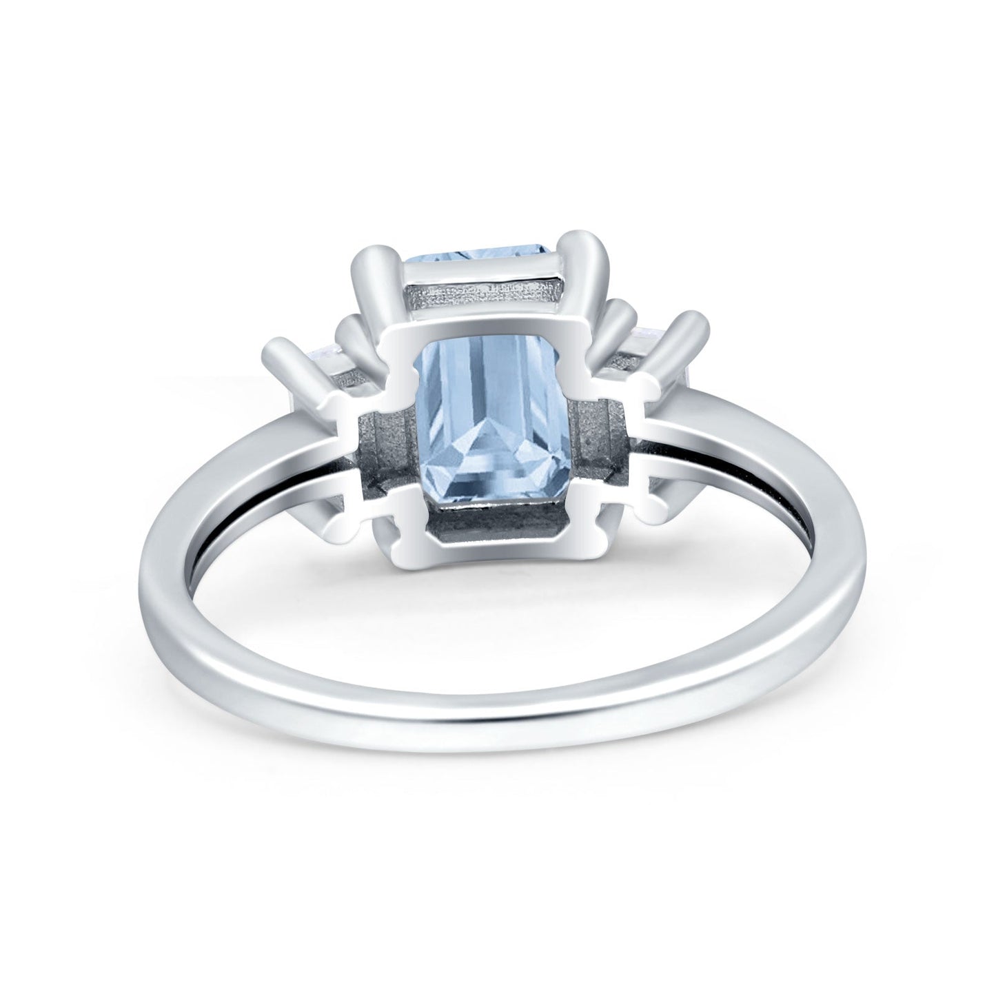 Emerald Cut Art Deco Three Stone Simulated Aquamarine CZ Wedding Ring