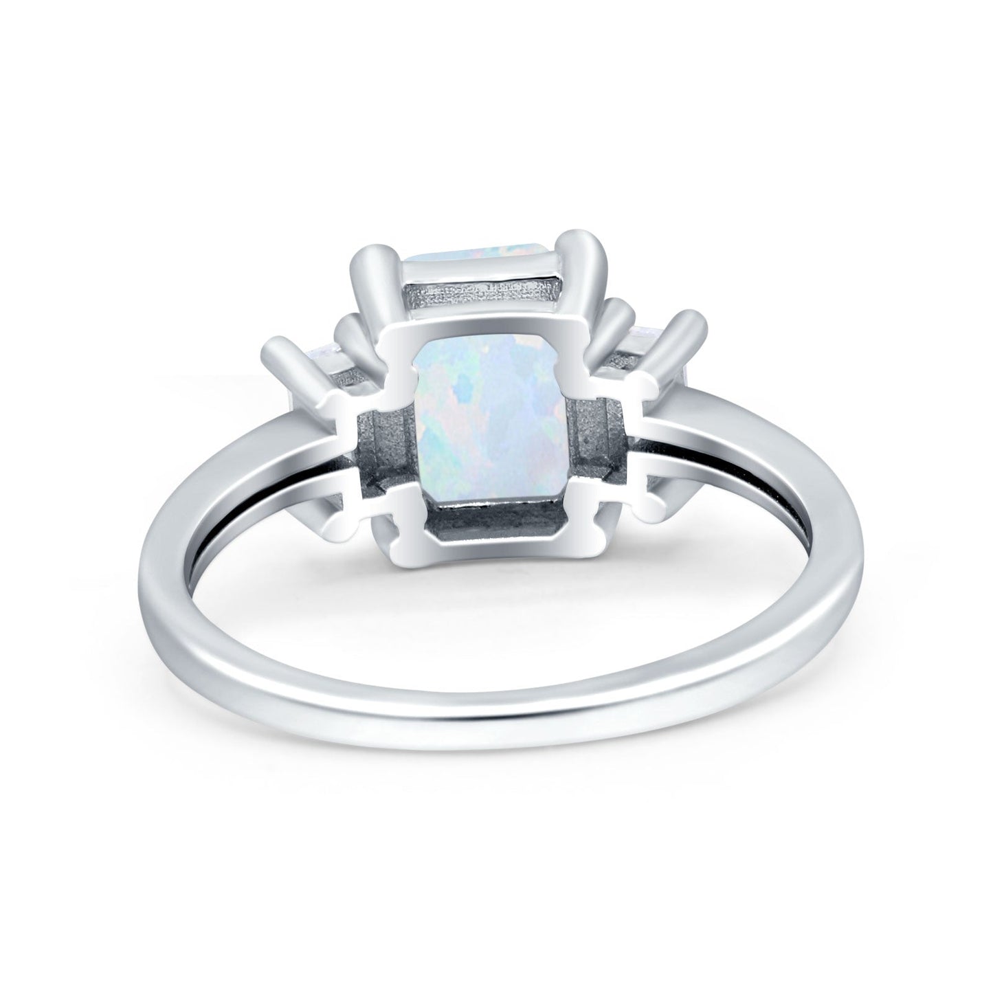 Emerald Cut Art Deco Three Stone Lab Created White Opal Wedding Ring