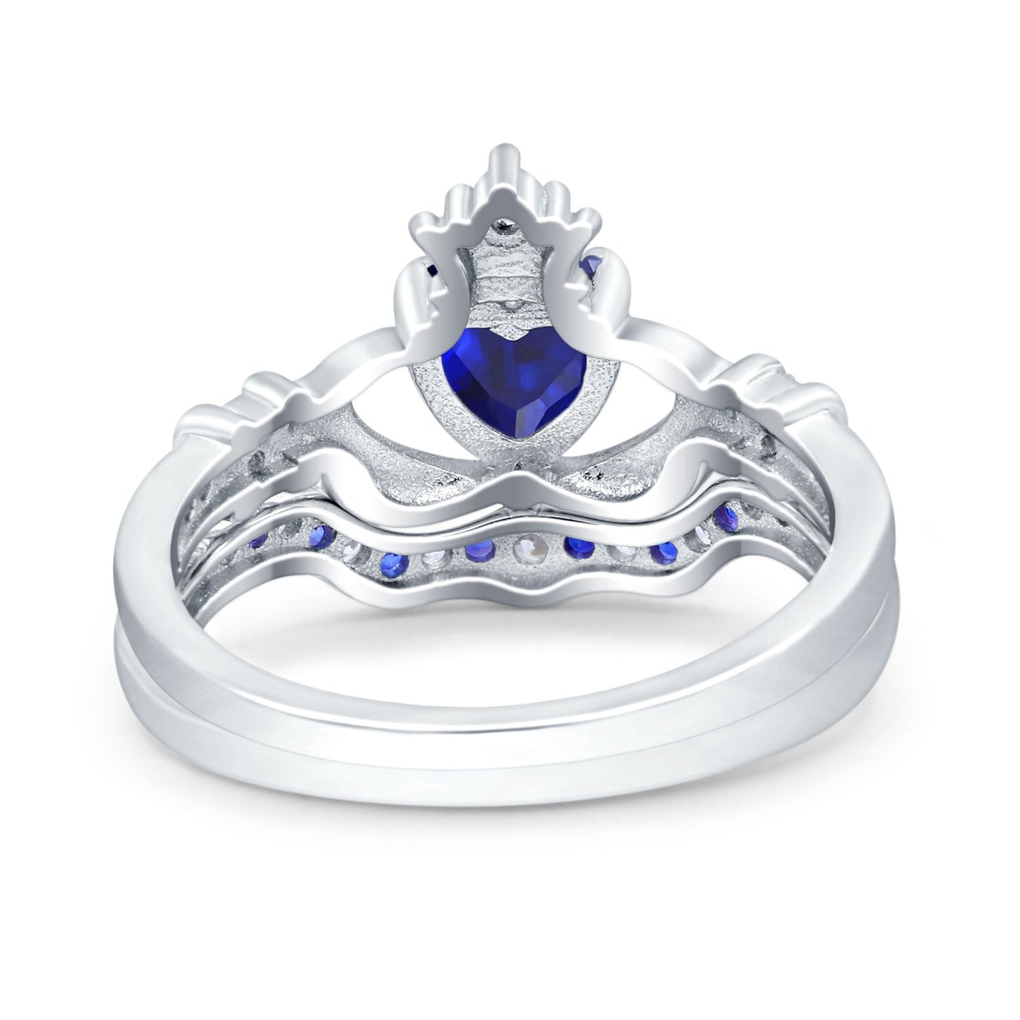 Claddagh Accent Heart Band Simulated Blue Sapphire CZ Wedding Bridal Set Piece Ring