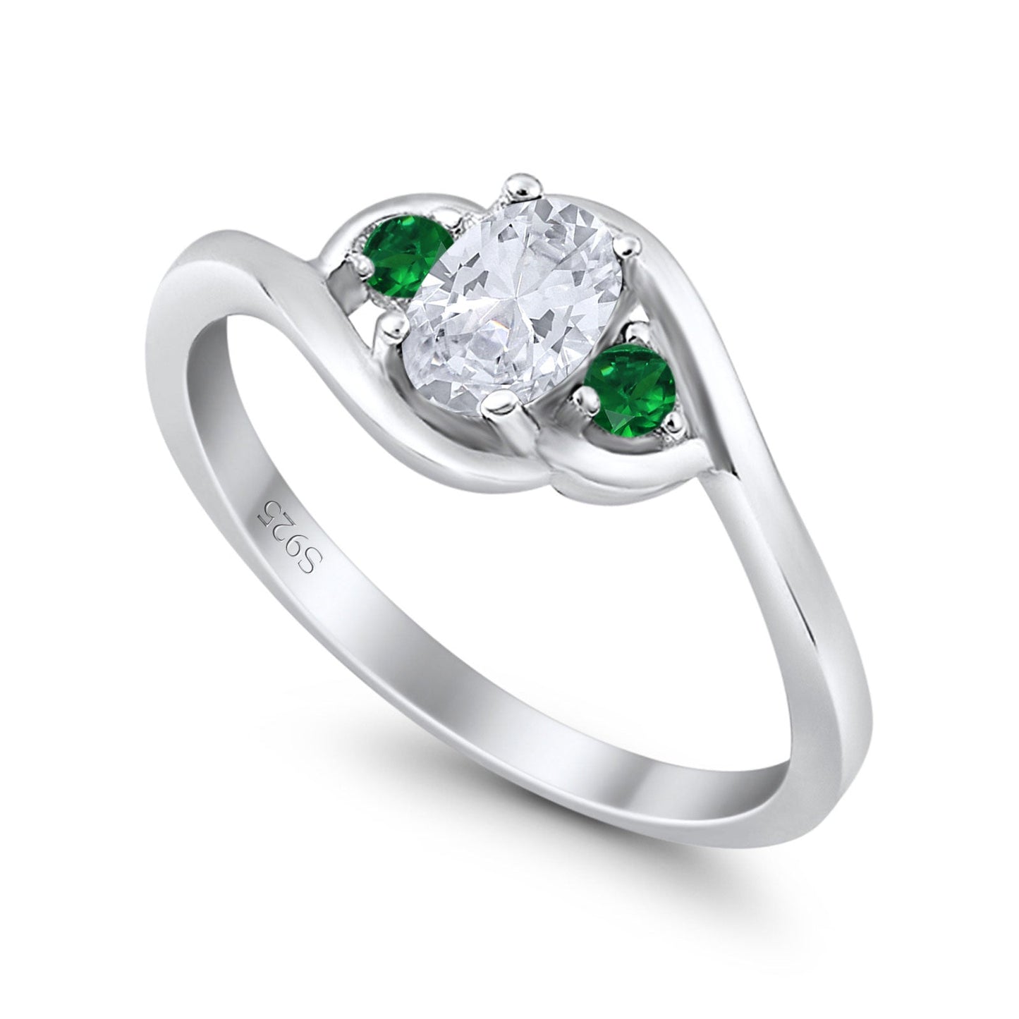 Three Stone Oval Cut Round Simulated Green Emerald Cubic Zirconia Engagement Ring