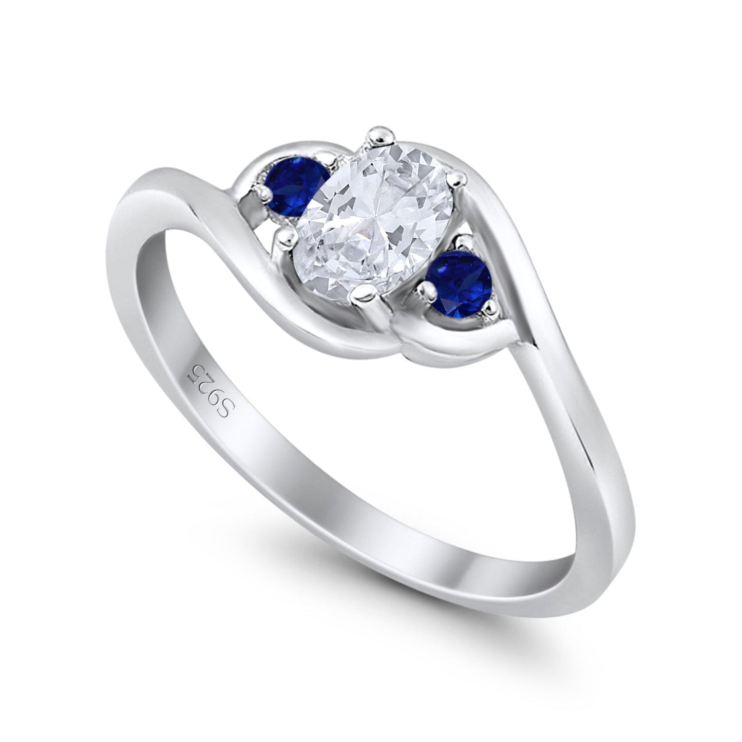 Three Stone Oval Cut Round Simulated Blue Sapphire Cubic Zirconia Engagement Ring