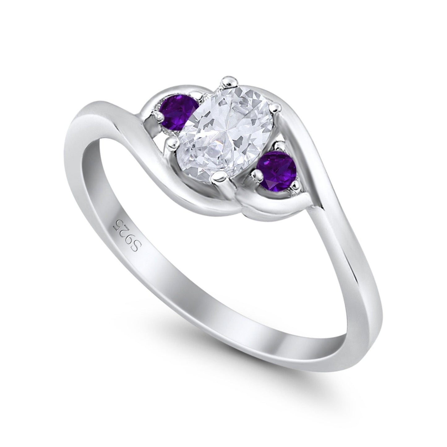 Three Stone Oval Cut Round Simulated Amethyst Cubic Zirconia Engagement Ring