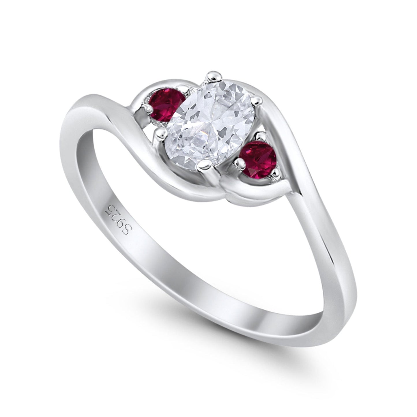 Three Stone Oval Cut Round Simulated Ruby Cubic Zirconia Engagement Ring