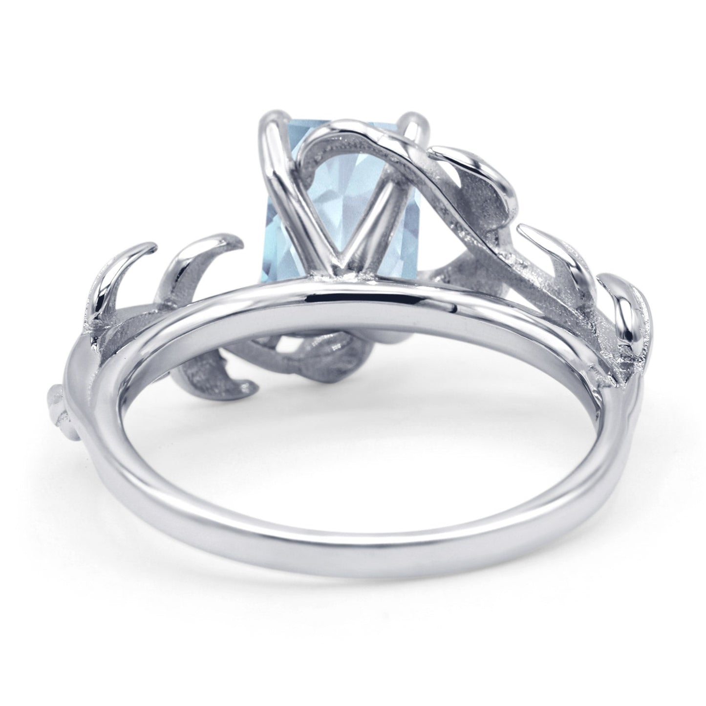 Art Deco Engagement Ring Natural Leaf Design Emerald Cut Simulated Aquamarine