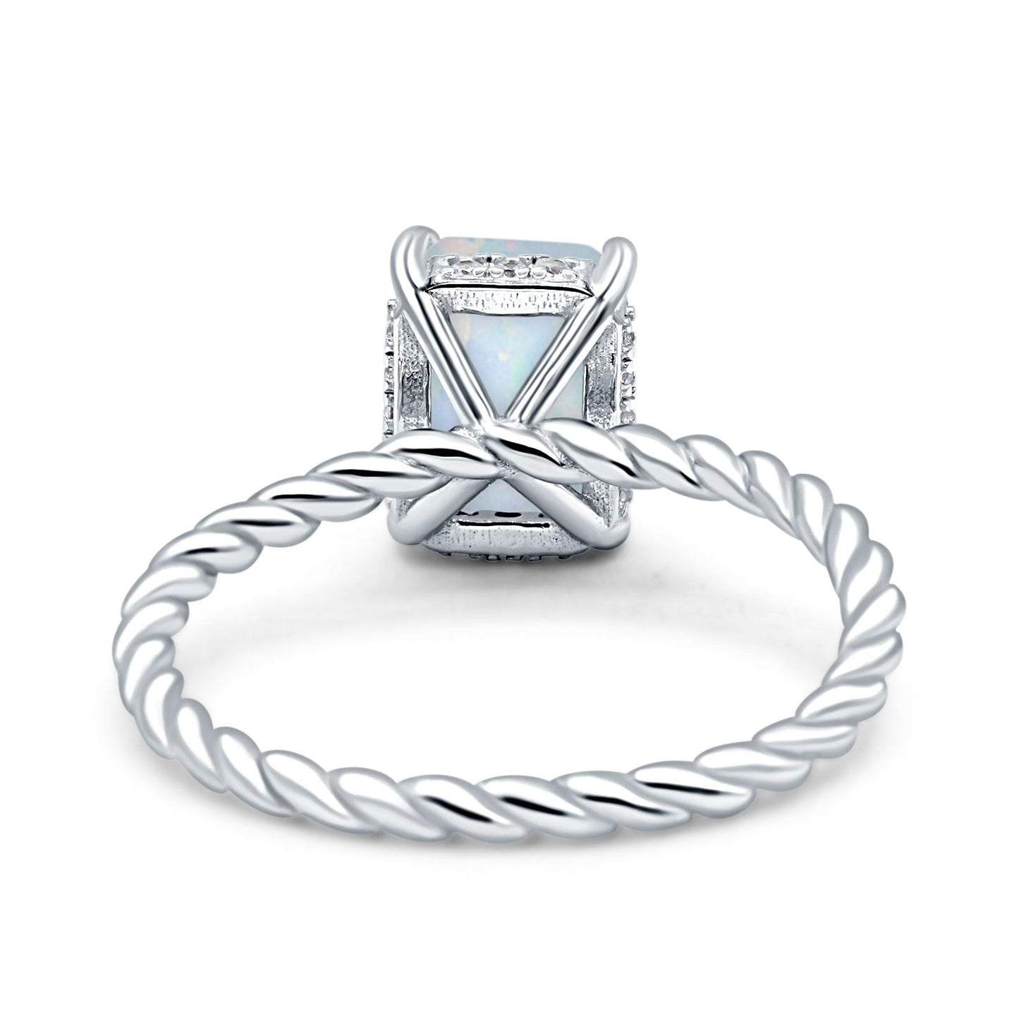 Vintage Twisted Band Emerald Cut Engagement Ring Lab Created White Opal