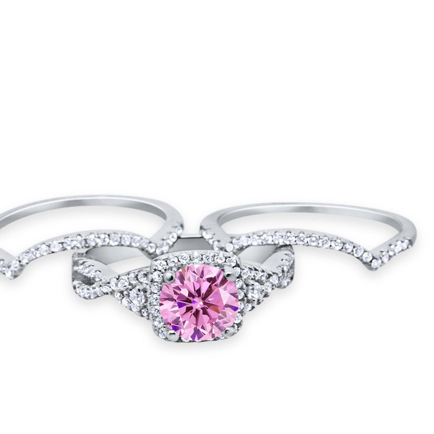 Halo Engagement Ring Three Piece Pink CZ