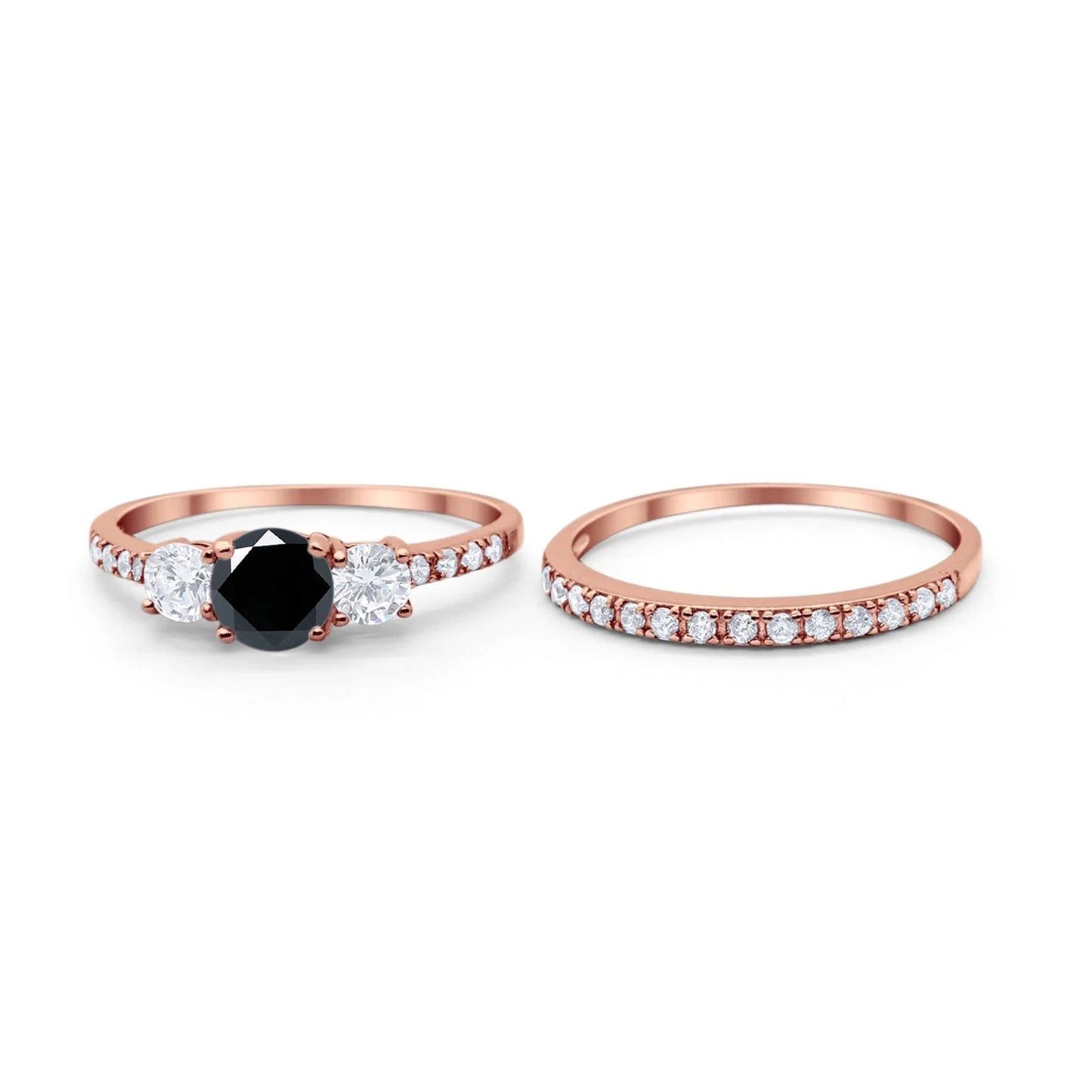 Three Stone Two Piece Rose Tone Black CZ Bridal Ring