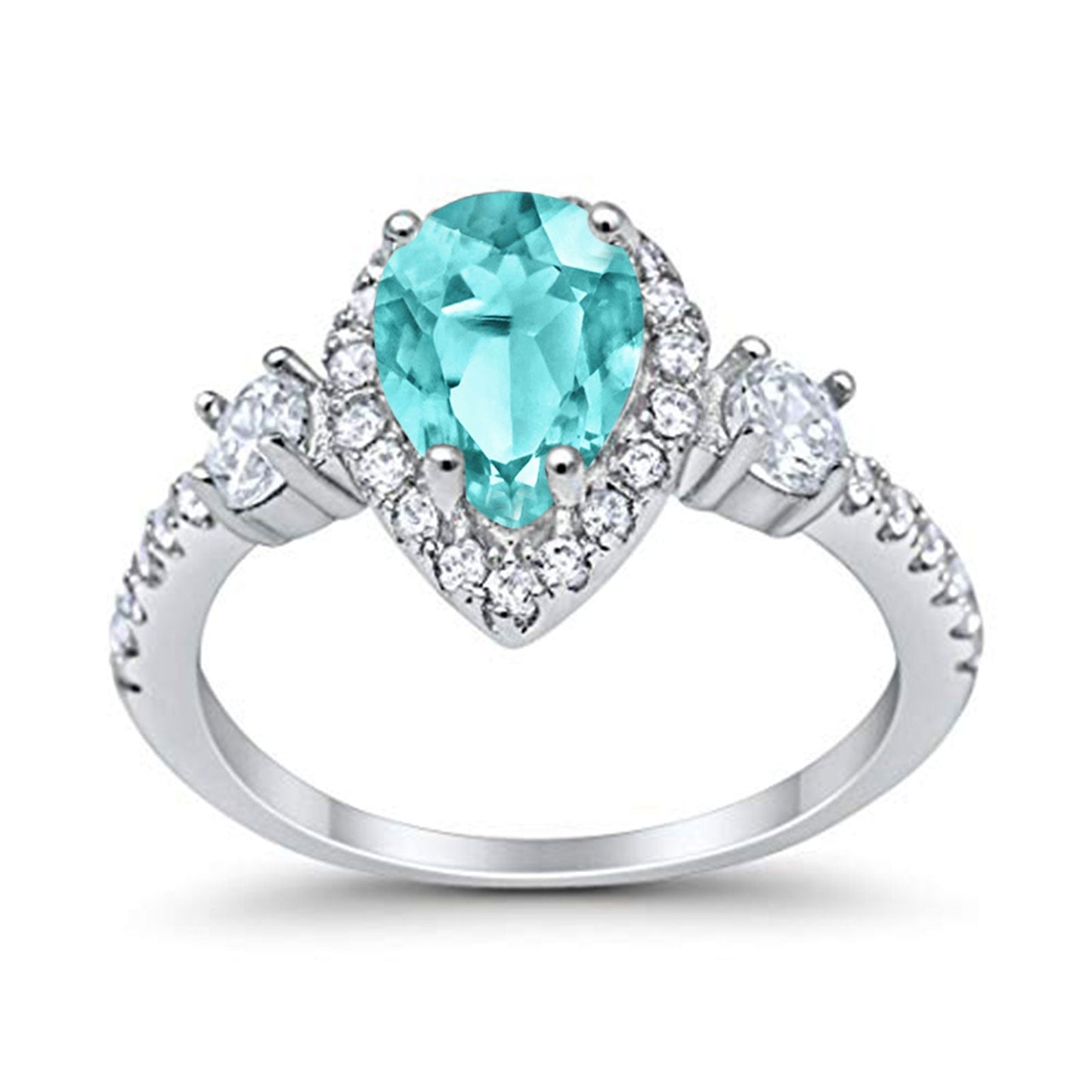 Three Stone Halo Teardrop Pear Fashion Ring Simulated Paraiba Tourmaline CZ