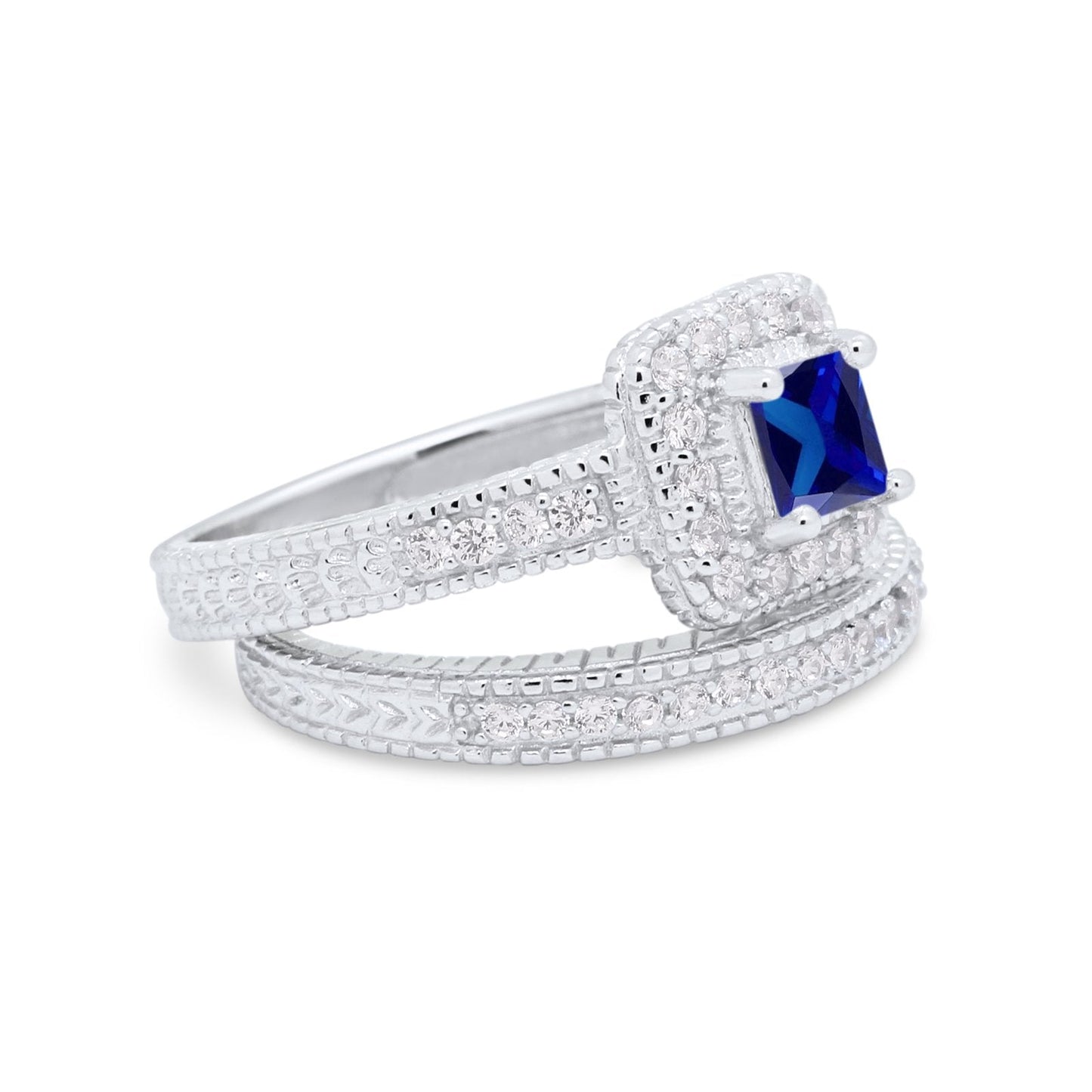 Two Piece Vintage Style Wedding Ring Simulated Blue Sapphire CZ