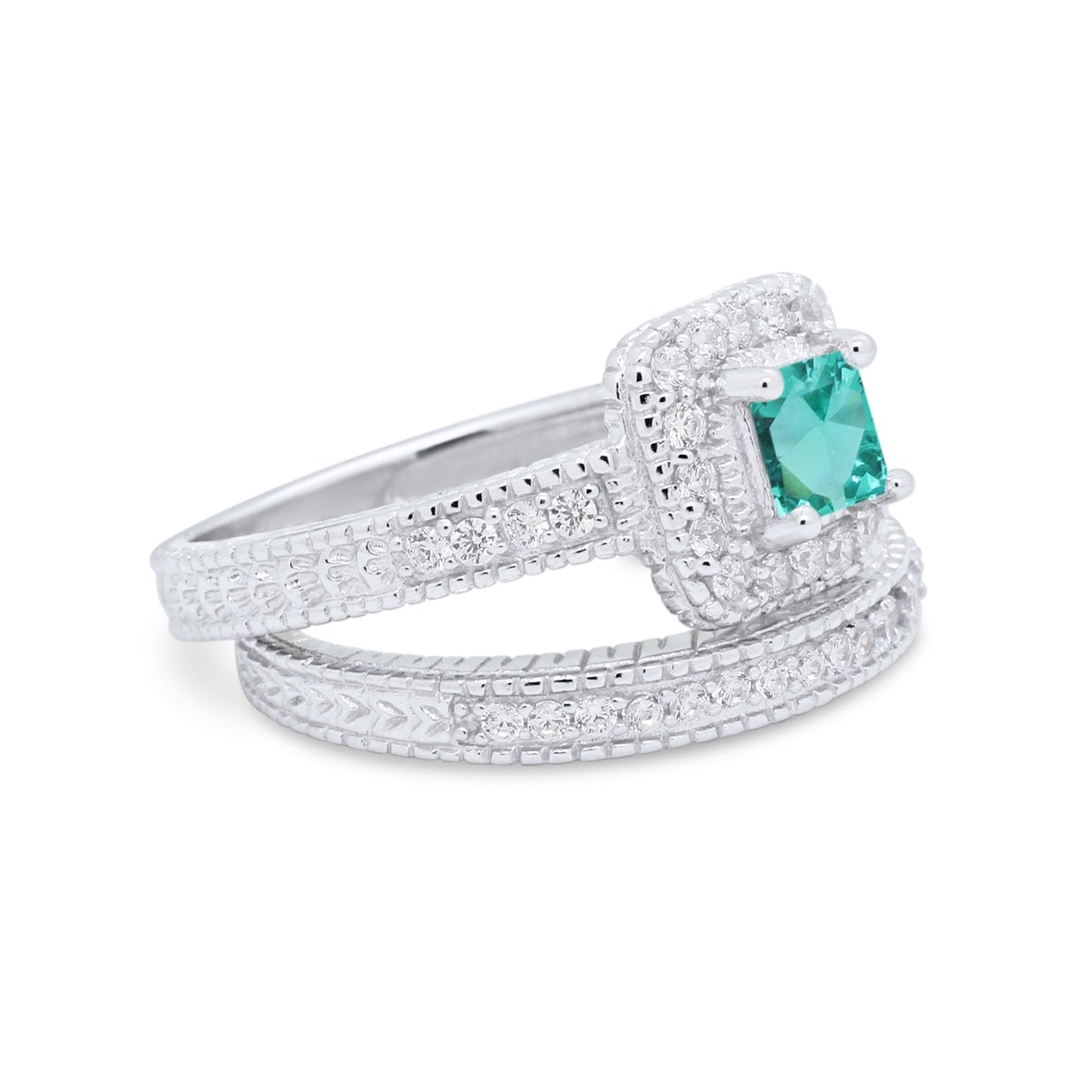 Two Piece Vintage Style Wedding Ring Simulated Paraiba Tourmaline CZ