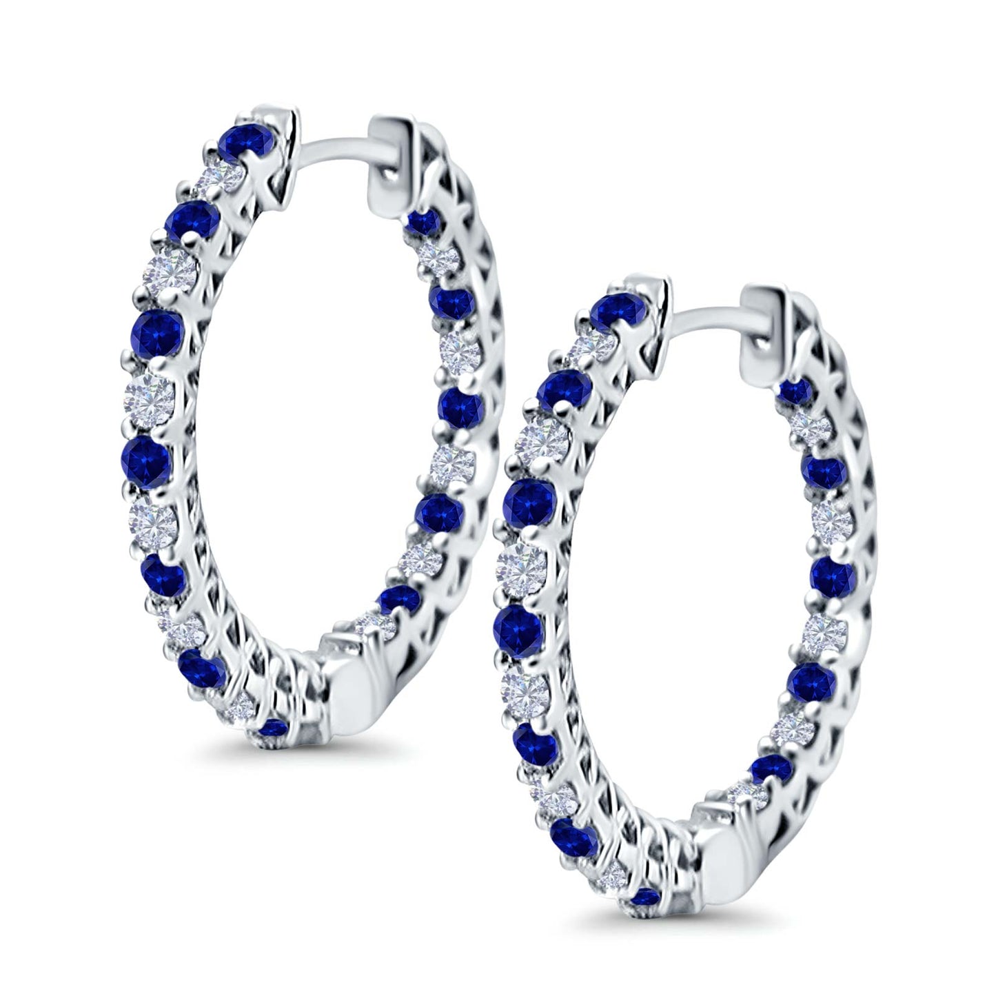 Huggie Hoop Earrings Round Simulated Blue Sapphire CZ (14mm)