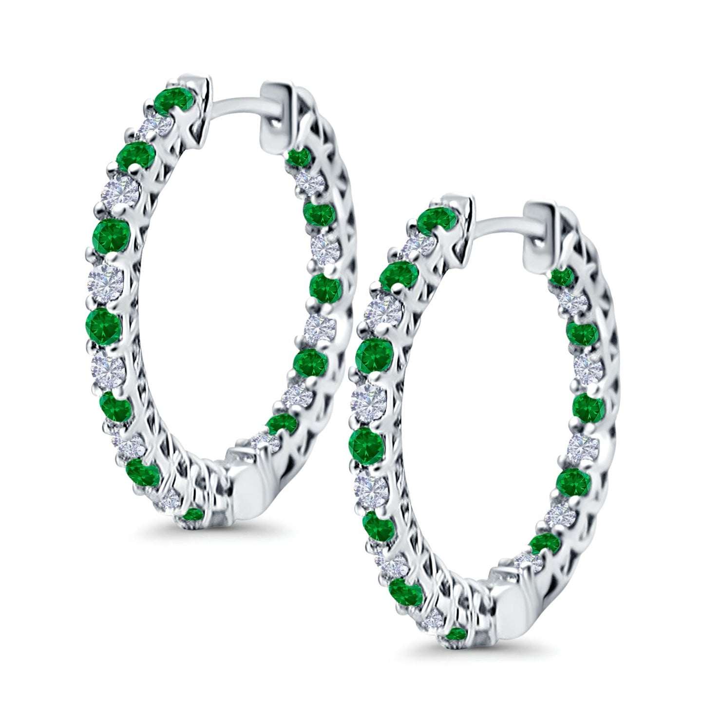 Huggie Hoop Earrings Round Simulated Green Emerald CZ (14mm)