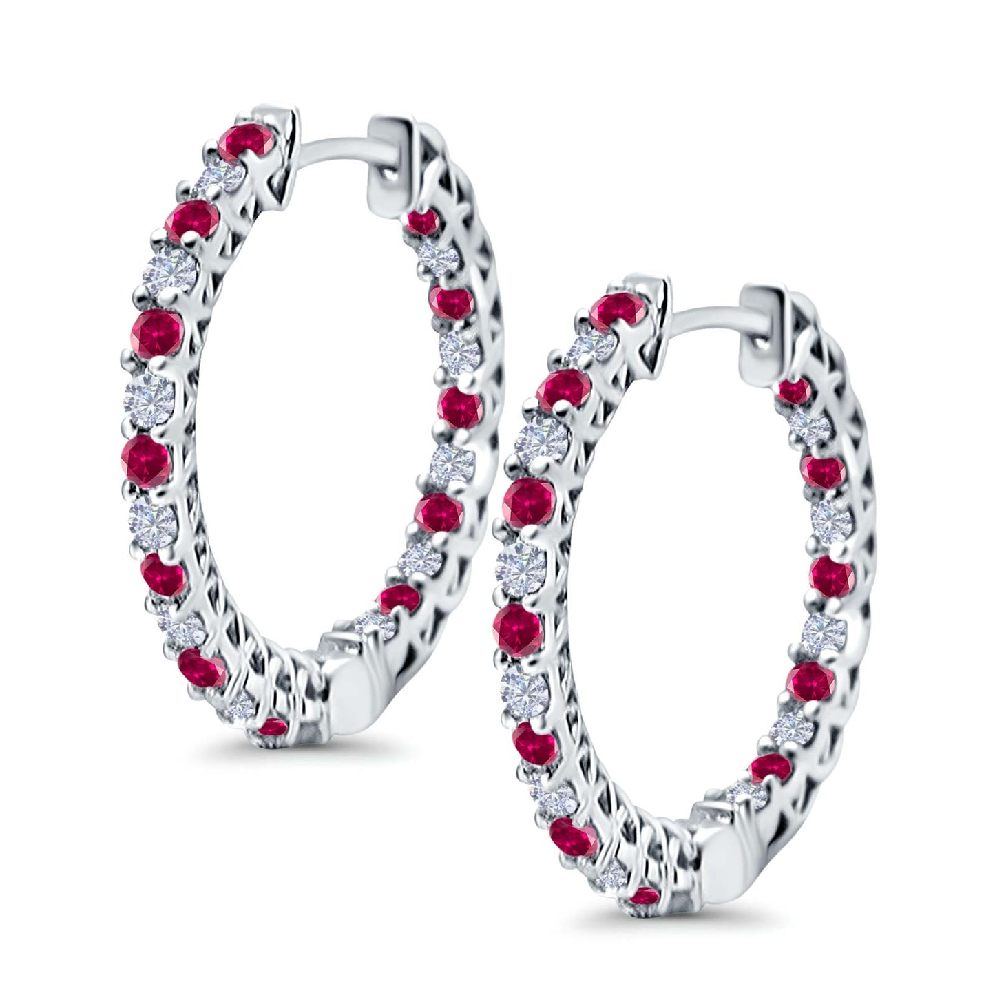 Huggie Hoop Earrings Round Simulated Ruby CZ (14mm)