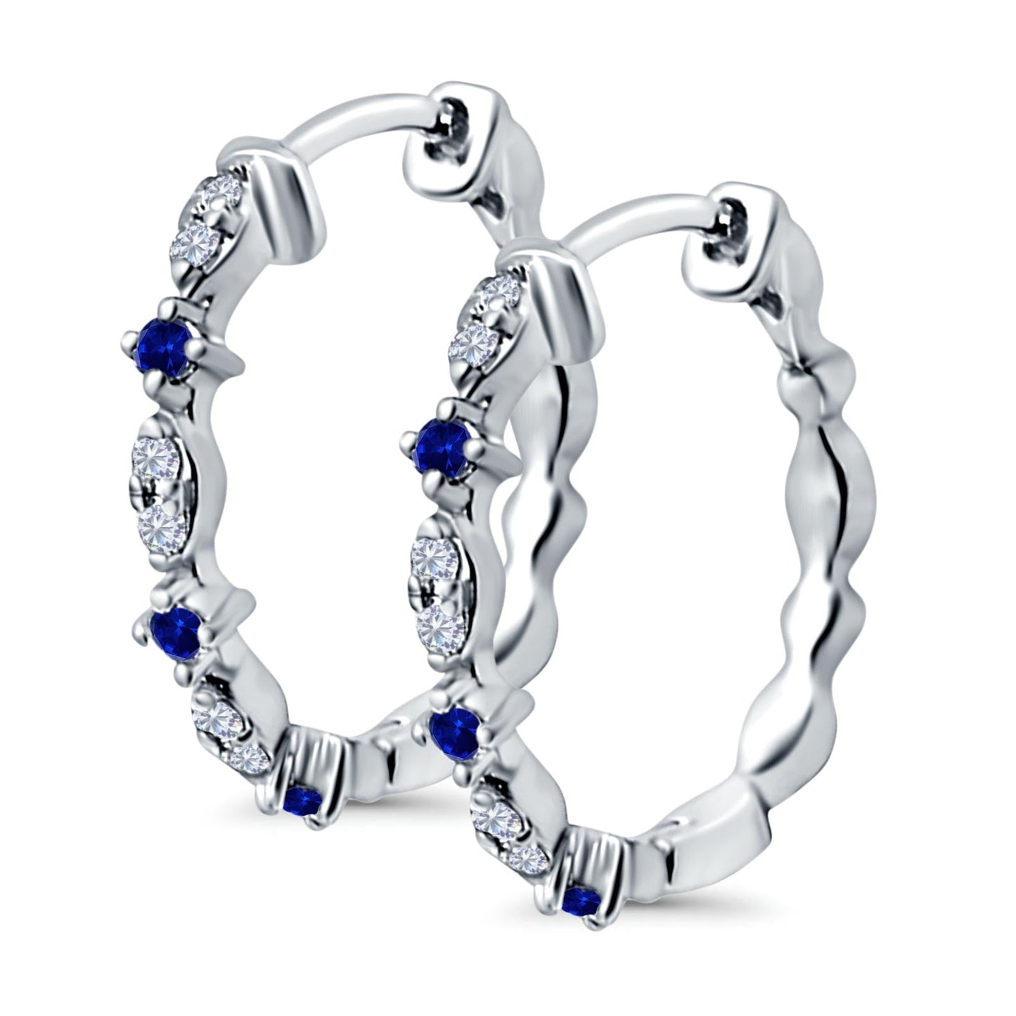 Half Eternity Huggie Hoop Earrings Round Simulated Blue Sapphire CZ (14mm)