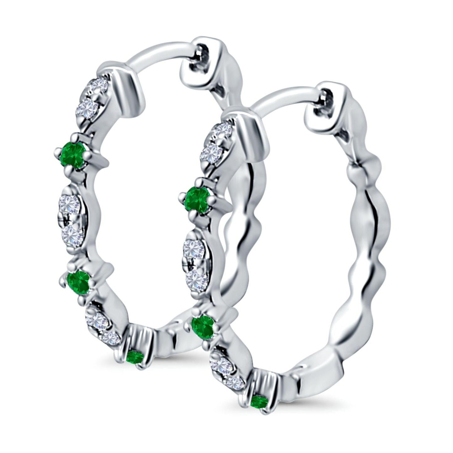 Half Eternity Huggie Hoop Earrings Round Simulated Green Emerald CZ (14mm)