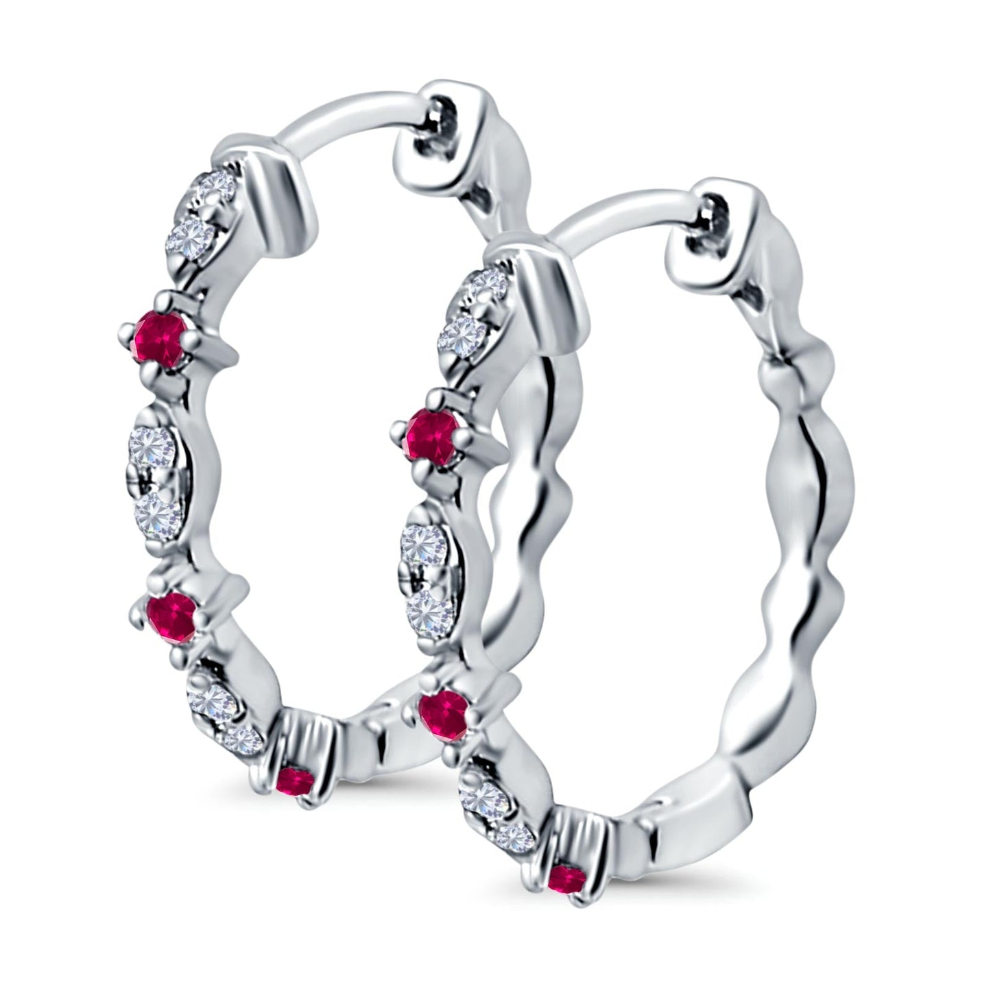 Half Eternity Huggie Hoop Earrings Round Simulated Ruby CZ (14mm)