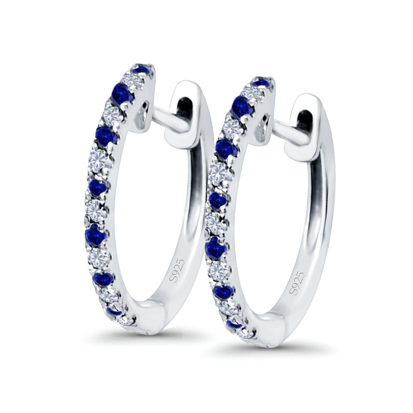 Hoop Earrings Half Eternity Round Simulated Blue Sapphire Cubic Zirconia (14mm)