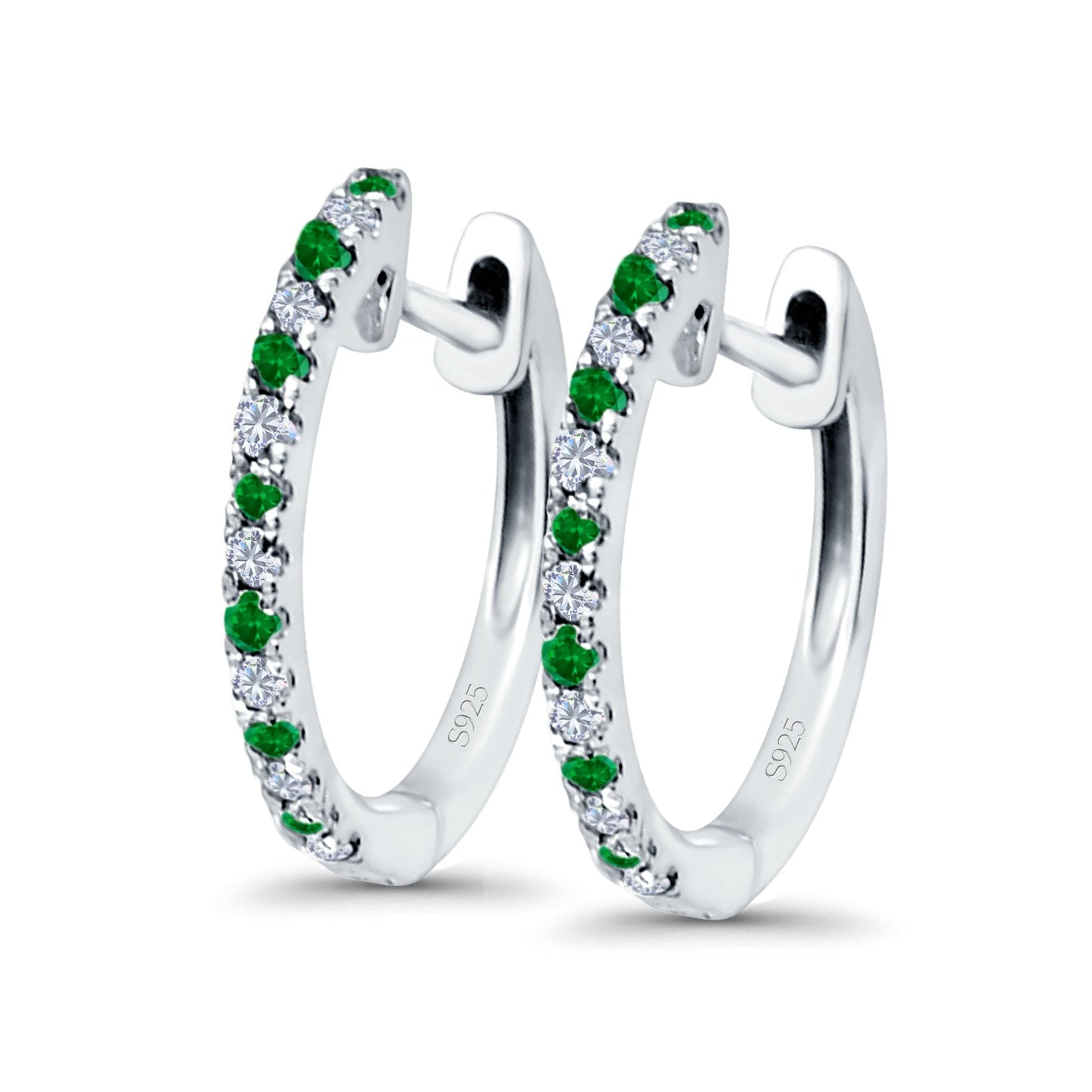 Hoop Earrings Half Eternity Round Simulated Green Emerald Cubic Zirconia (14mm)