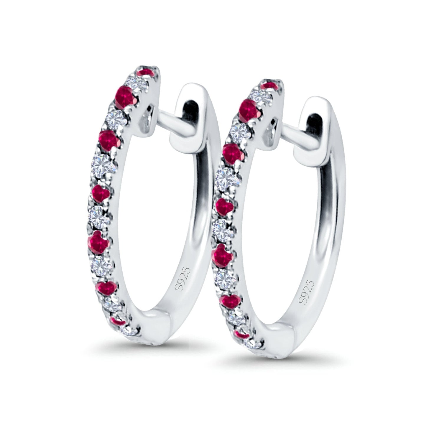 Hoop Earrings Half Eternity Round Simulated Ruby Cubic Zirconia (14mm)