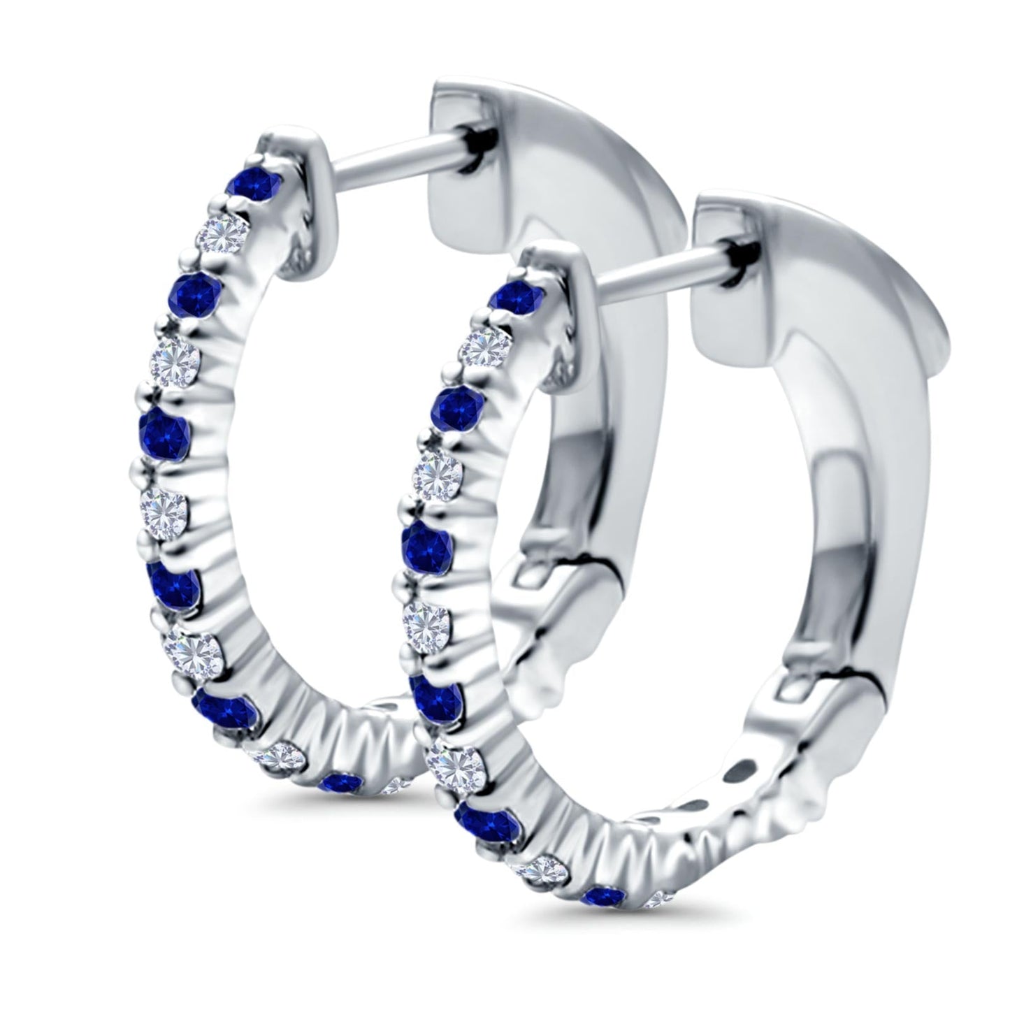 Half Eternity Huggie Hoop Earrings Round Simulated Blue Sapphire CZ (14mm)