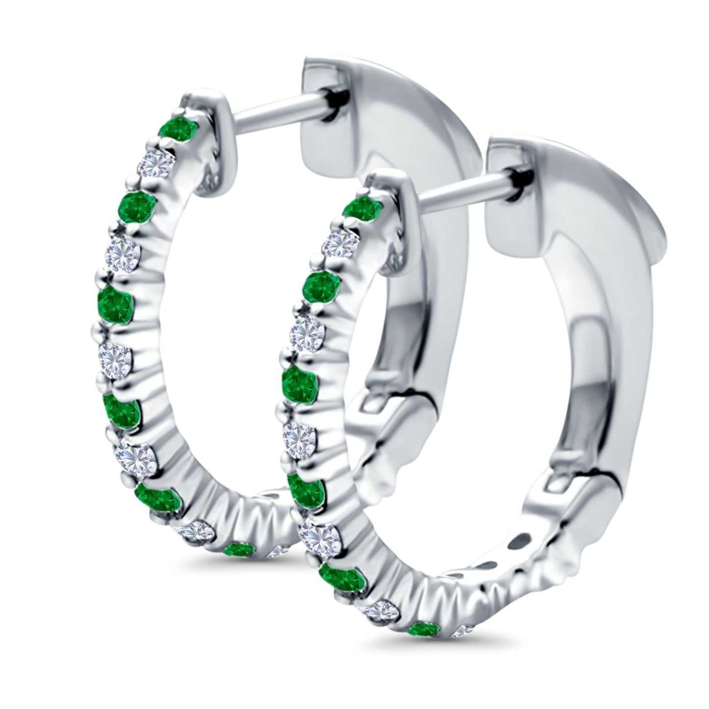 Half Eternity Huggie Hoop Earrings Round Simulated Green Emerald CZ (14mm)